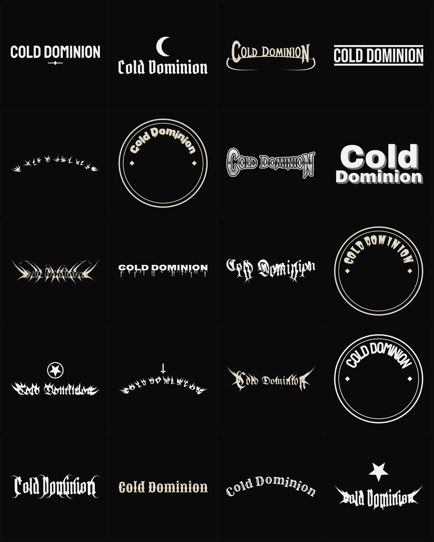 Twenty Cold Dominion band logo ideas — different faces, treatments and spike settings