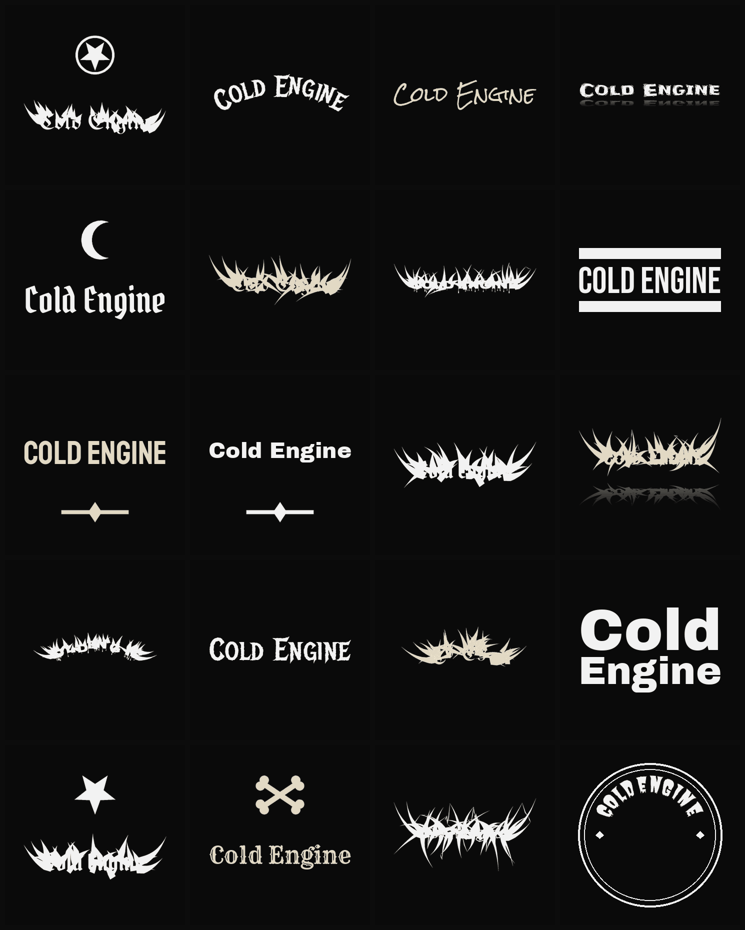 Twenty Cold Engine band logo ideas — different faces, treatments and spike settings