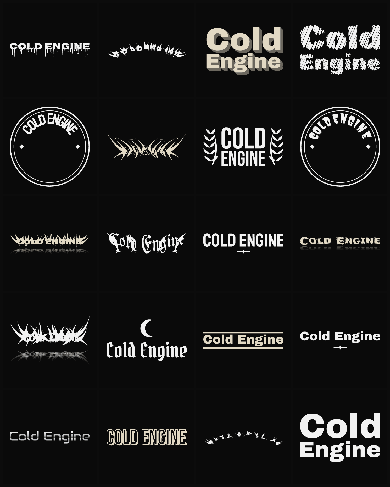 Twenty Cold Engine band logo ideas — different faces, treatments and spike settings