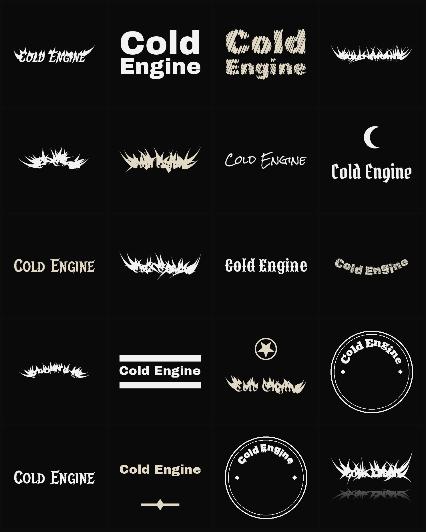 Twenty Cold Engine band logo ideas — different faces, treatments and spike settings