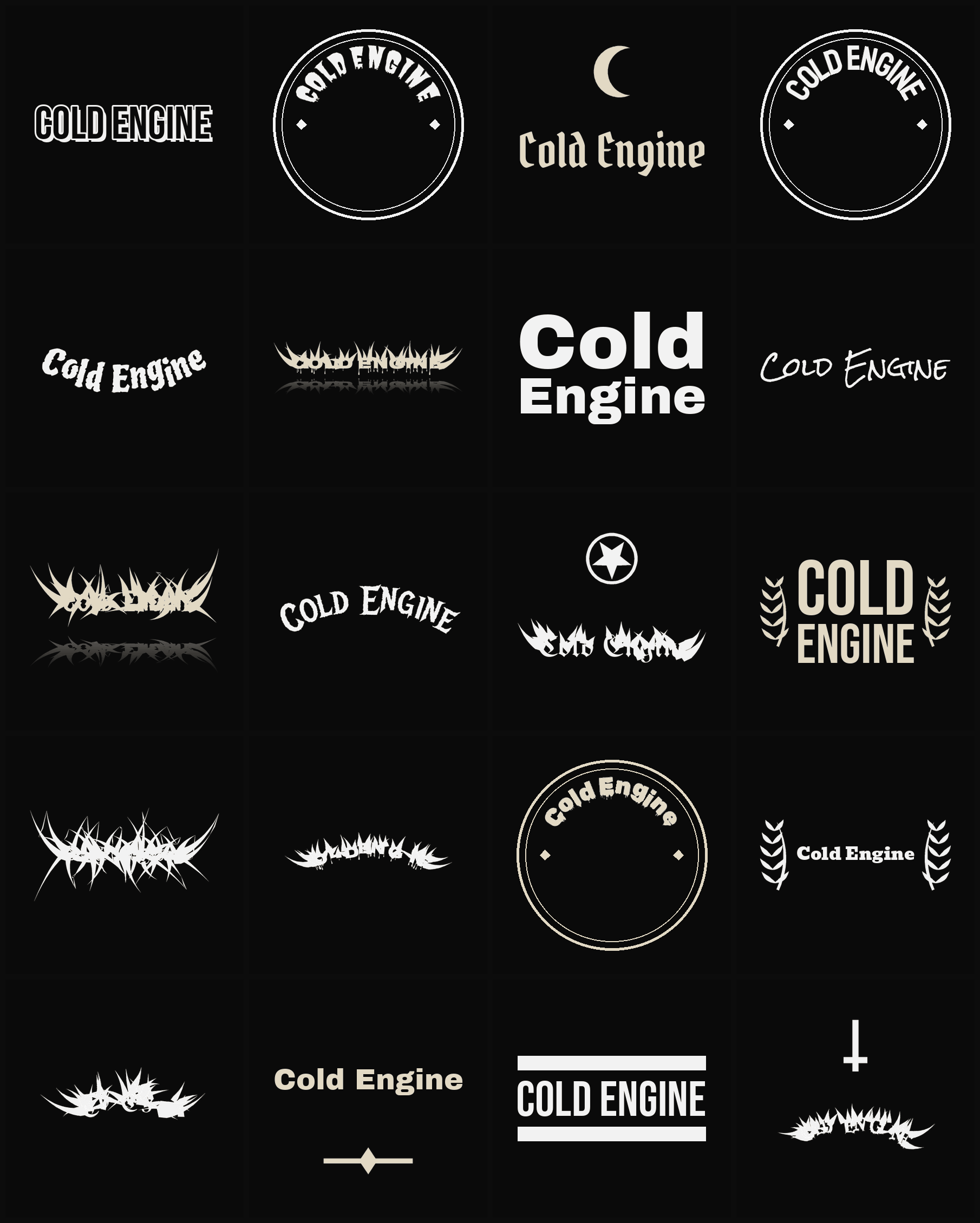 Twenty Cold Engine band logo ideas — different faces, treatments and spike settings