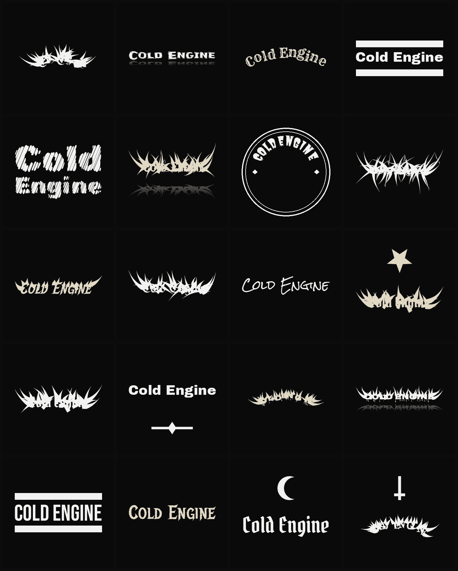 Twenty Cold Engine band logo ideas — different faces, treatments and spike settings