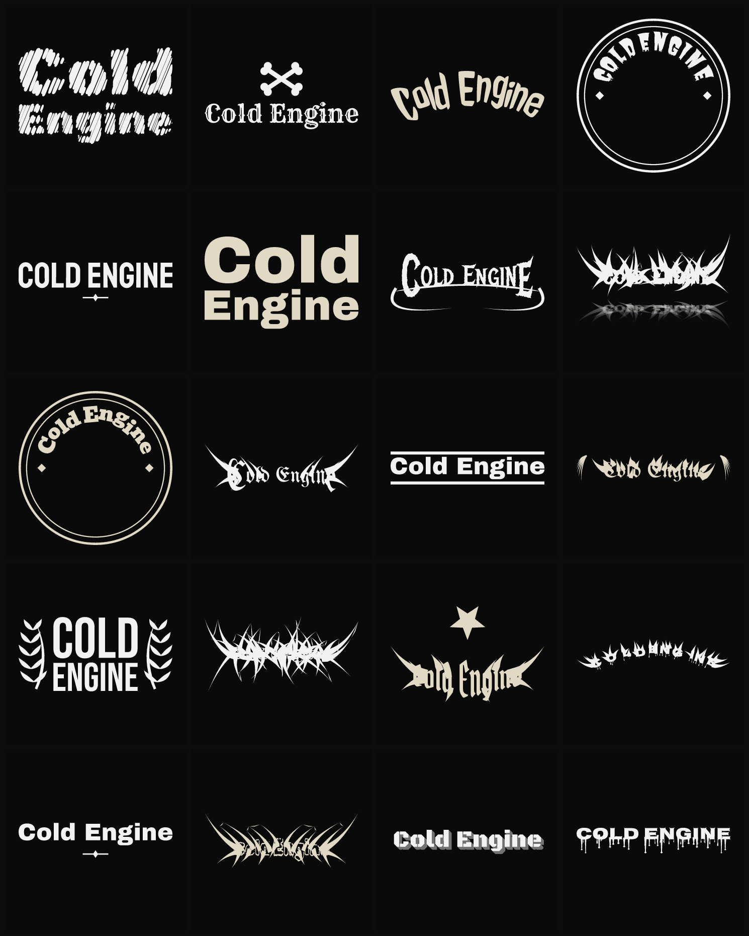 Twenty Cold Engine band logo ideas — different faces, treatments and spike settings