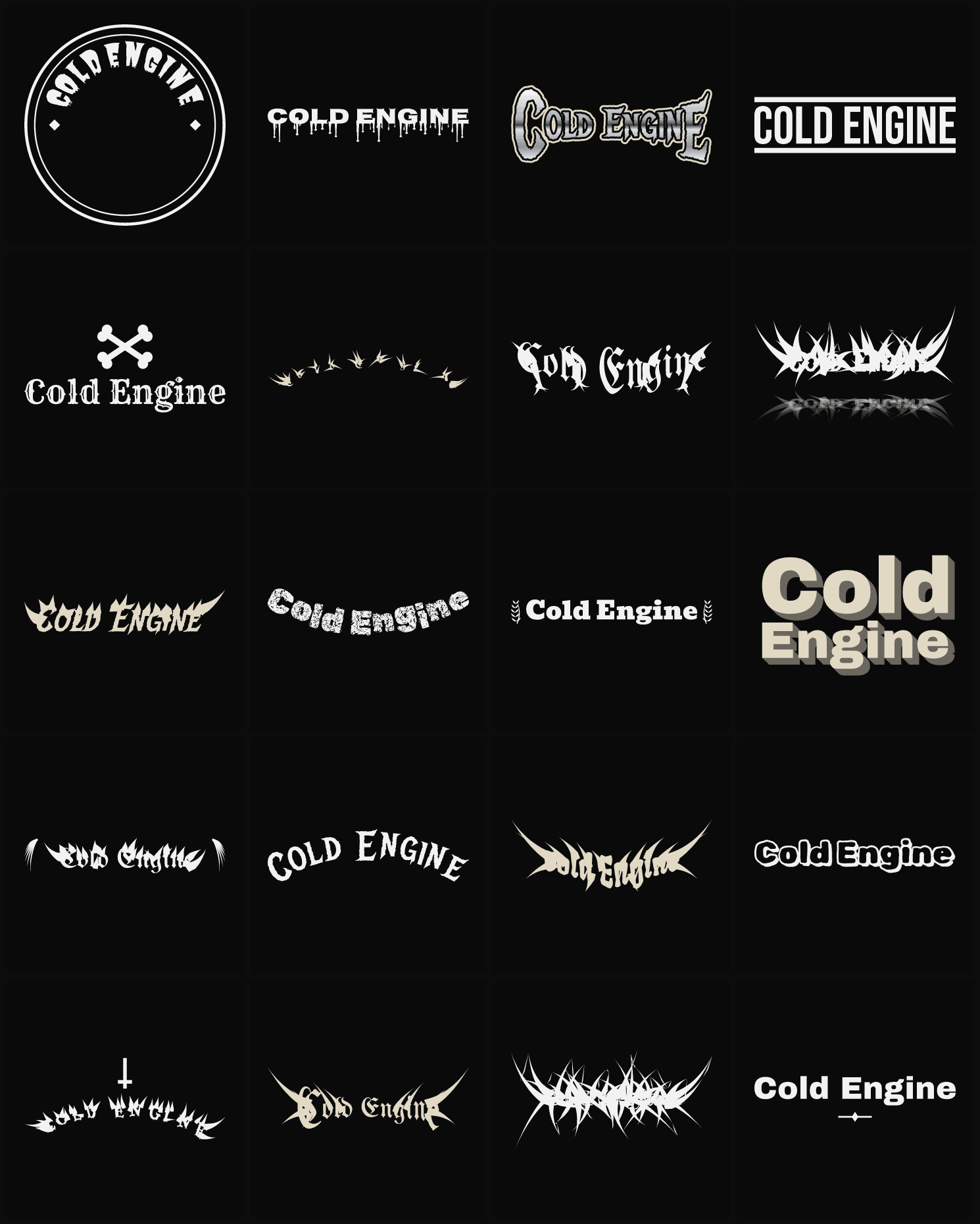 Twenty Cold Engine band logo ideas — different faces, treatments and spike settings