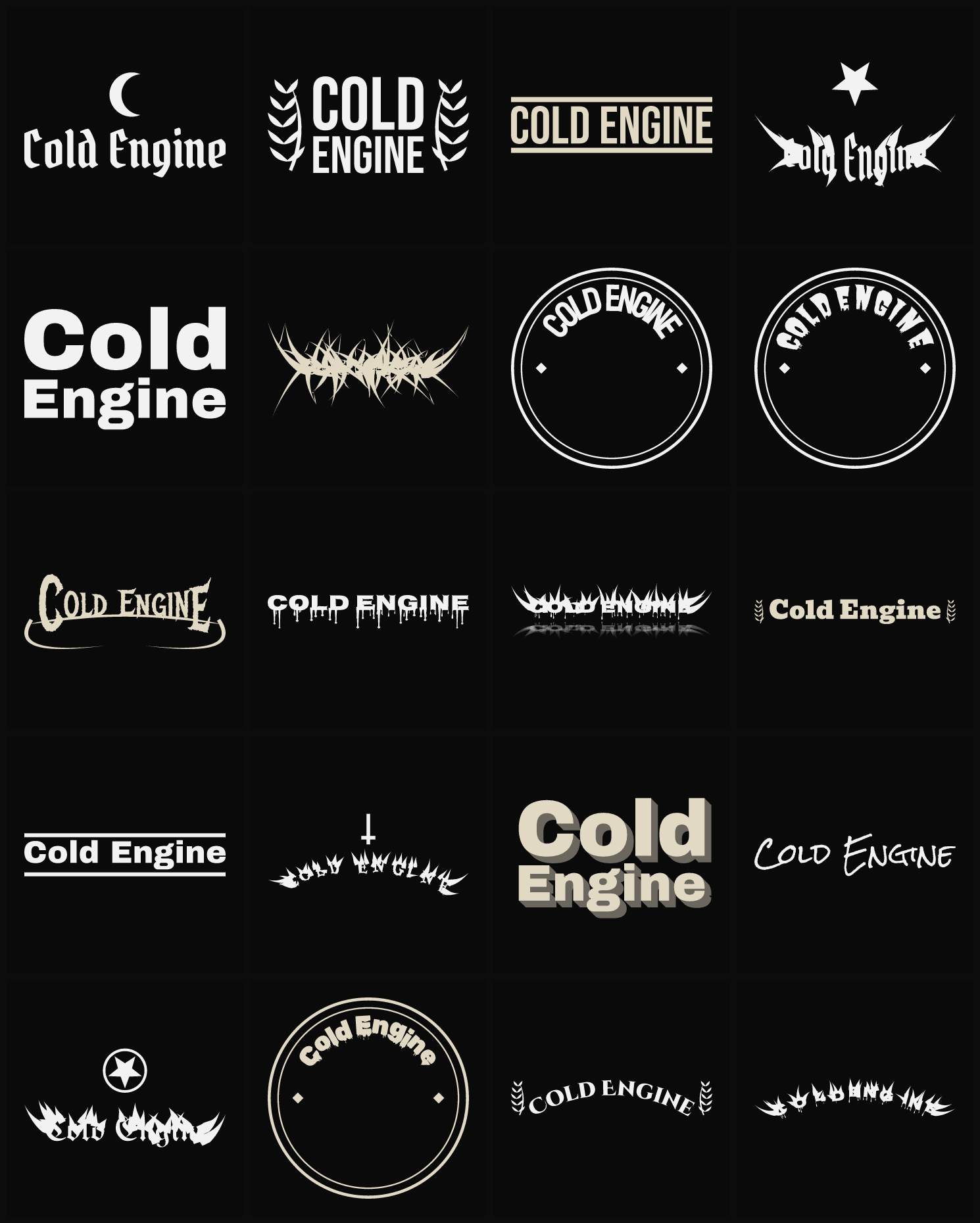 Twenty Cold Engine band logo ideas — different faces, treatments and spike settings