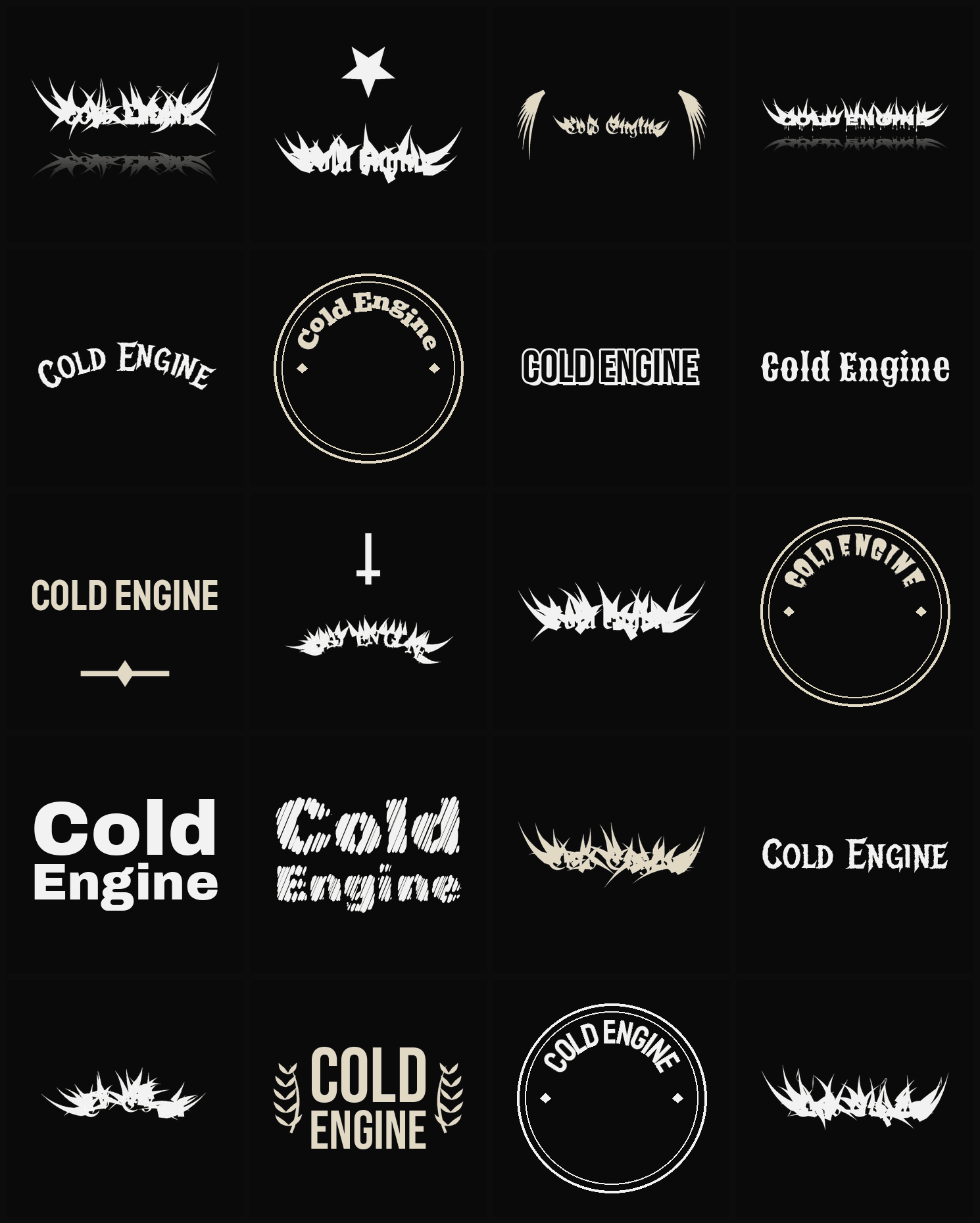 Twenty Cold Engine band logo ideas — different faces, treatments and spike settings