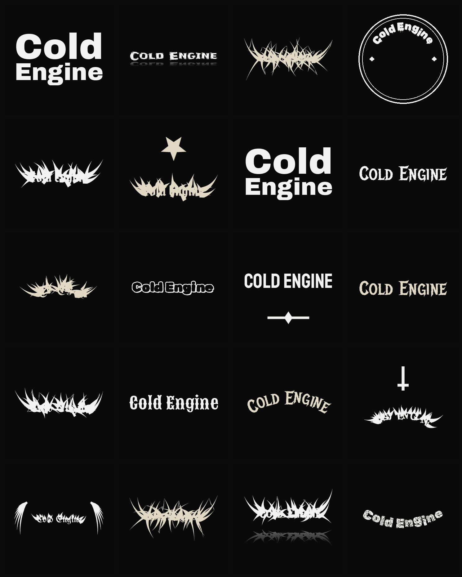 Twenty Cold Engine band logo ideas — different faces, treatments and spike settings