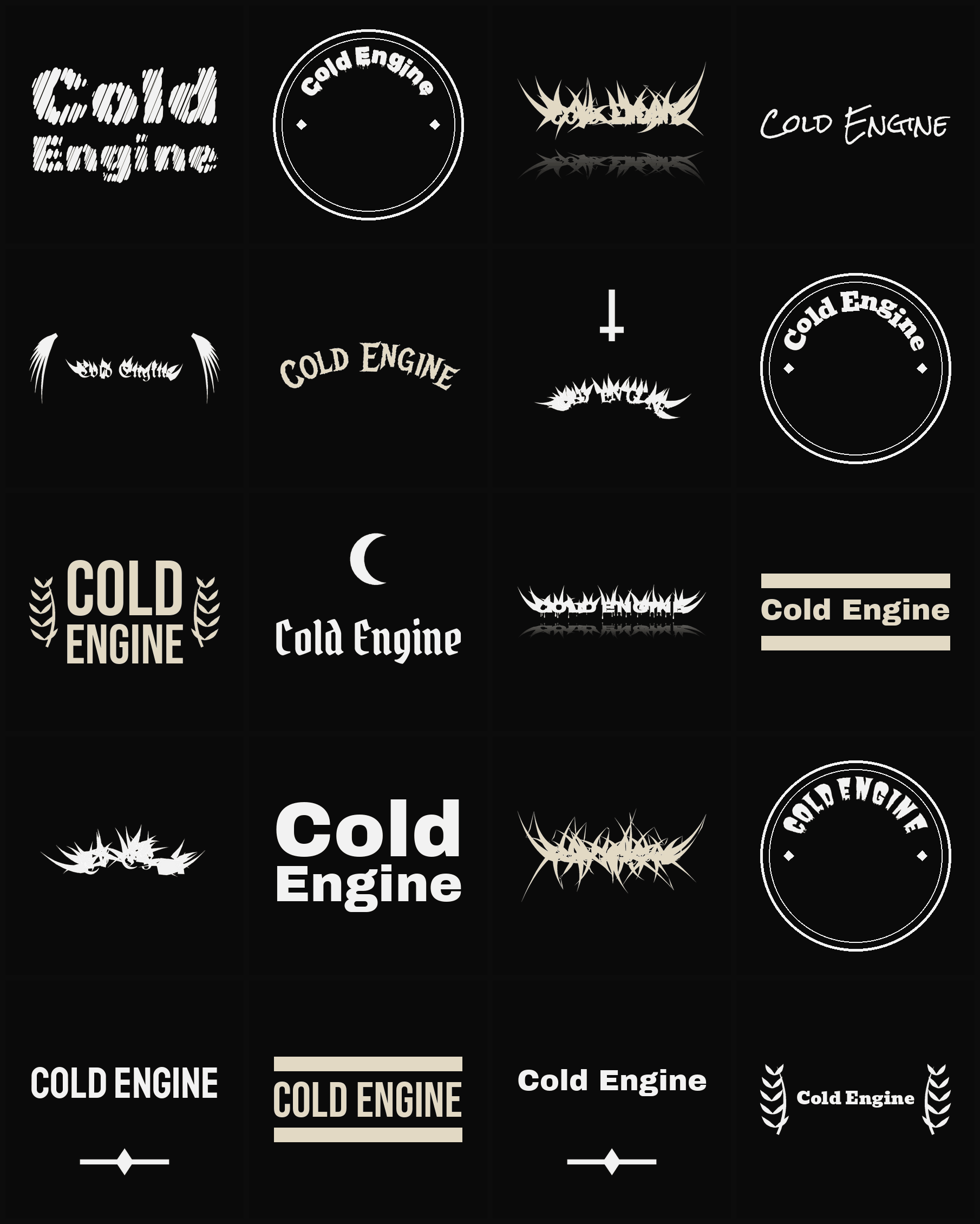 Twenty Cold Engine band logo ideas — different faces, treatments and spike settings