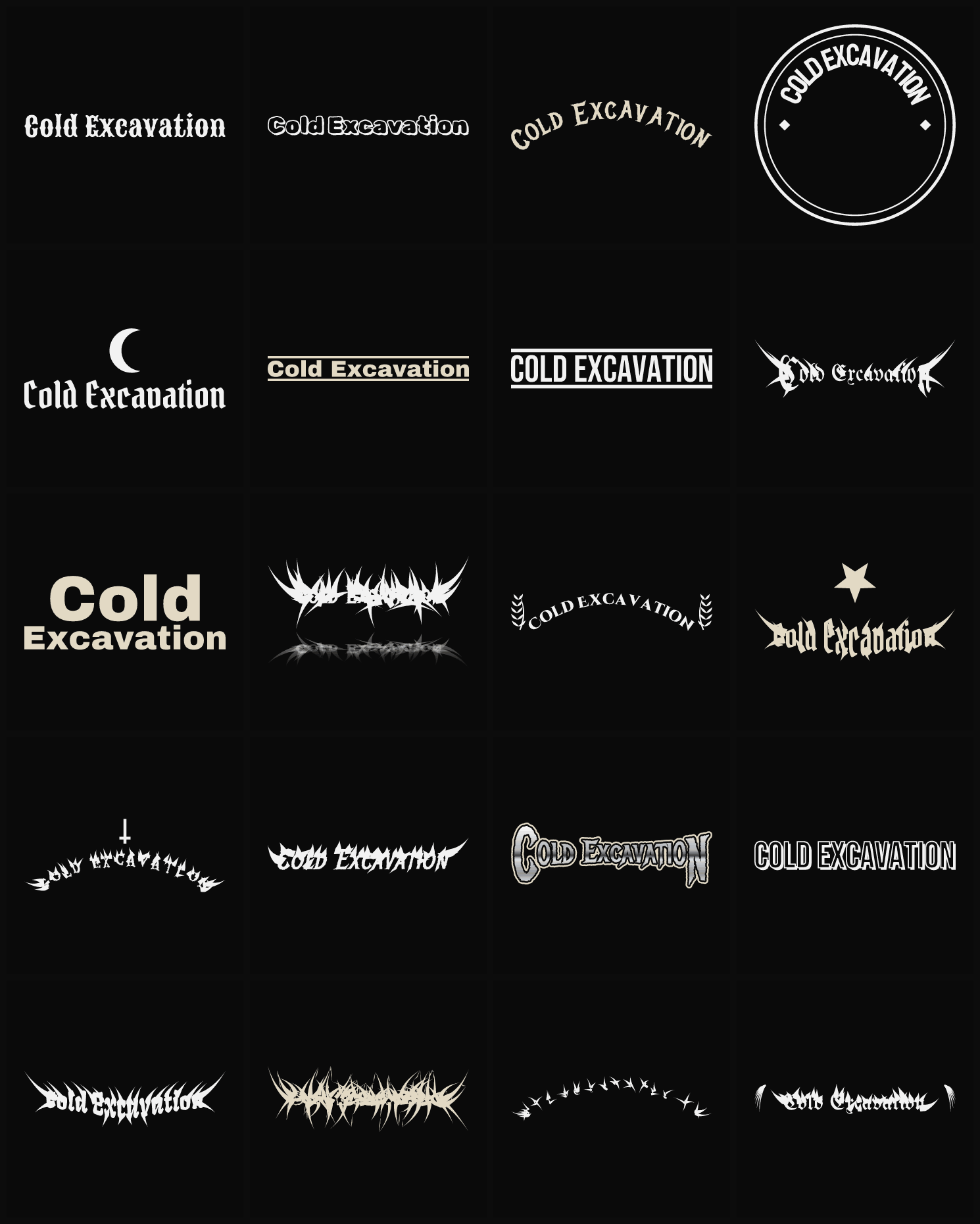 Twenty Cold Excavation band logo ideas — different faces, treatments and spike settings
