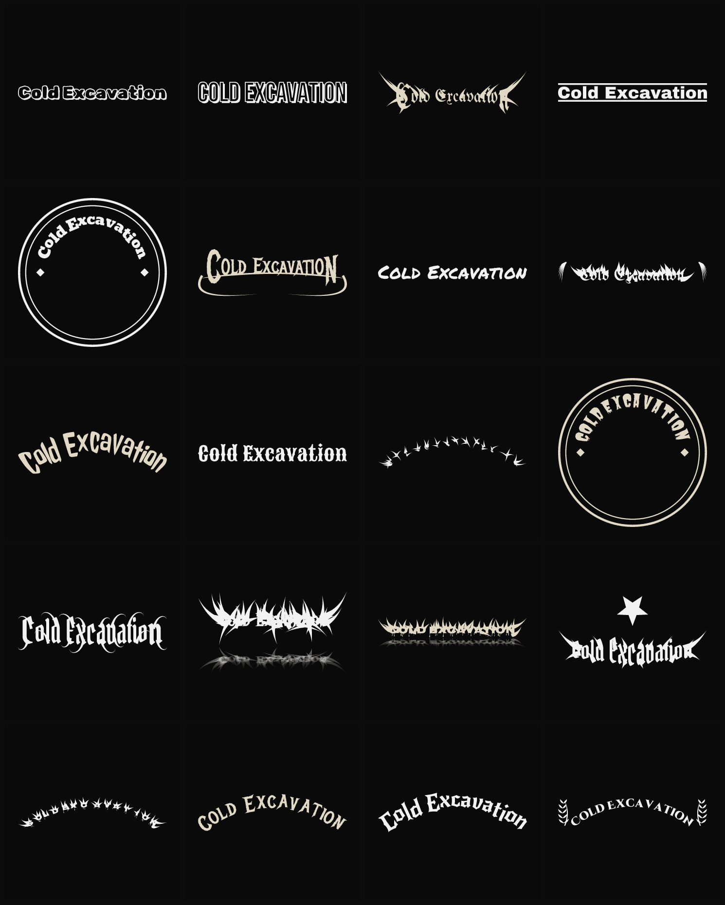 Twenty Cold Excavation band logo ideas — different faces, treatments and spike settings