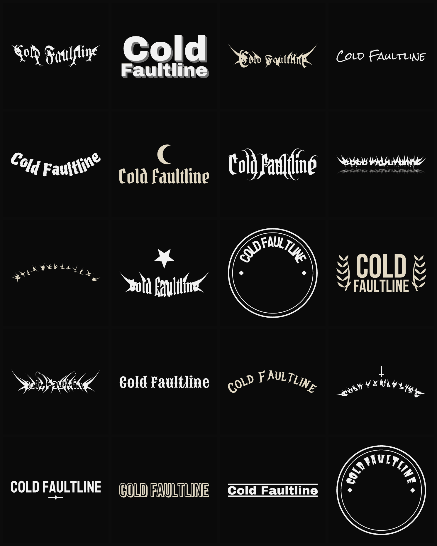 Twenty Cold Faultline band logo ideas — different faces, treatments and spike settings