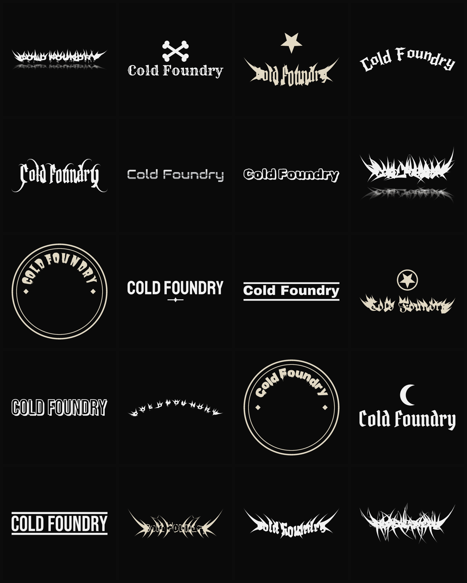 Twenty Cold Foundry band logo ideas — different faces, treatments and spike settings