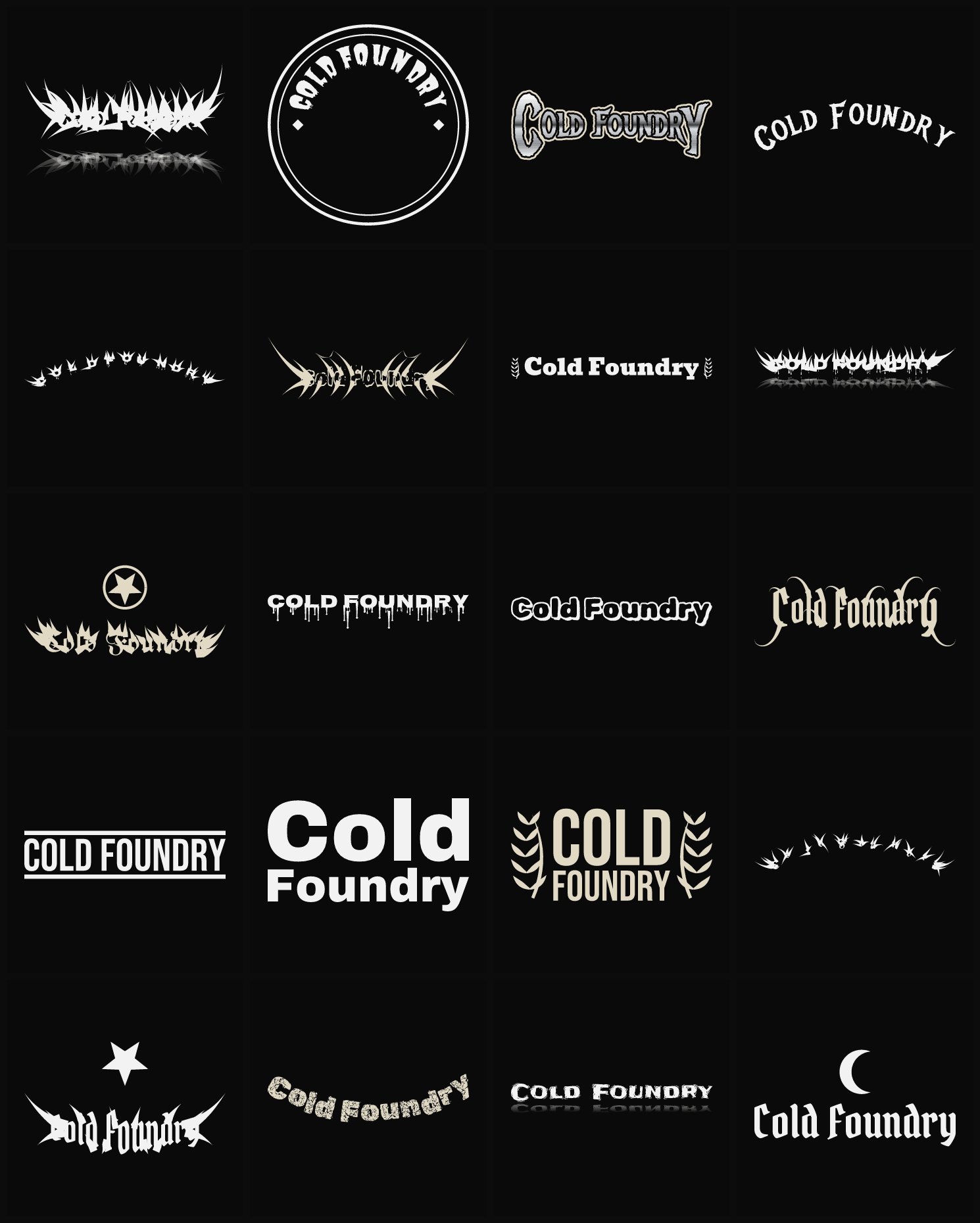Twenty Cold Foundry band logo ideas — different faces, treatments and spike settings