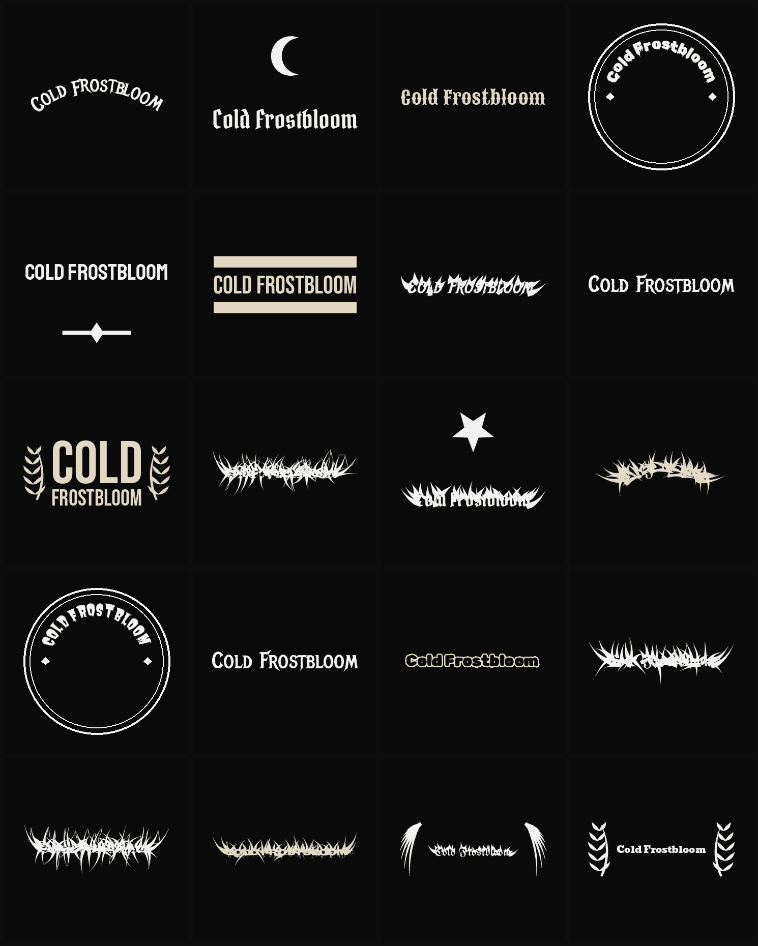 Twenty Cold Frostbloom band logo ideas — different faces, treatments and spike settings