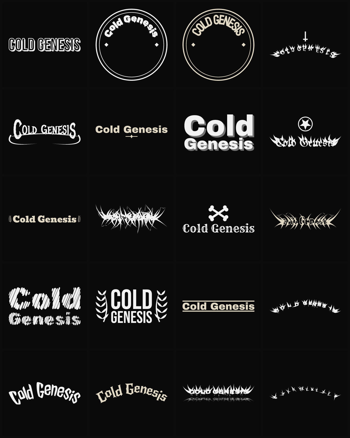 Twenty Cold Genesis band logo ideas — different faces, treatments and spike settings