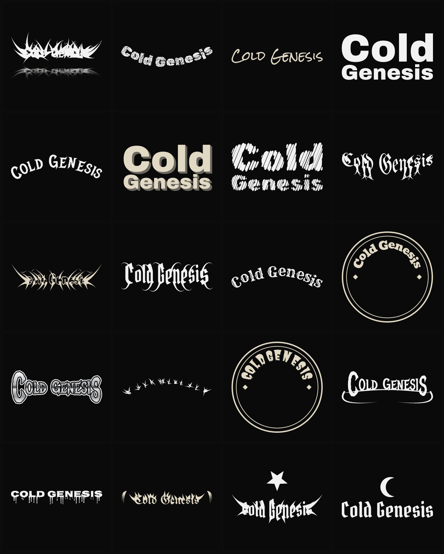 Twenty Cold Genesis band logo ideas — different faces, treatments and spike settings