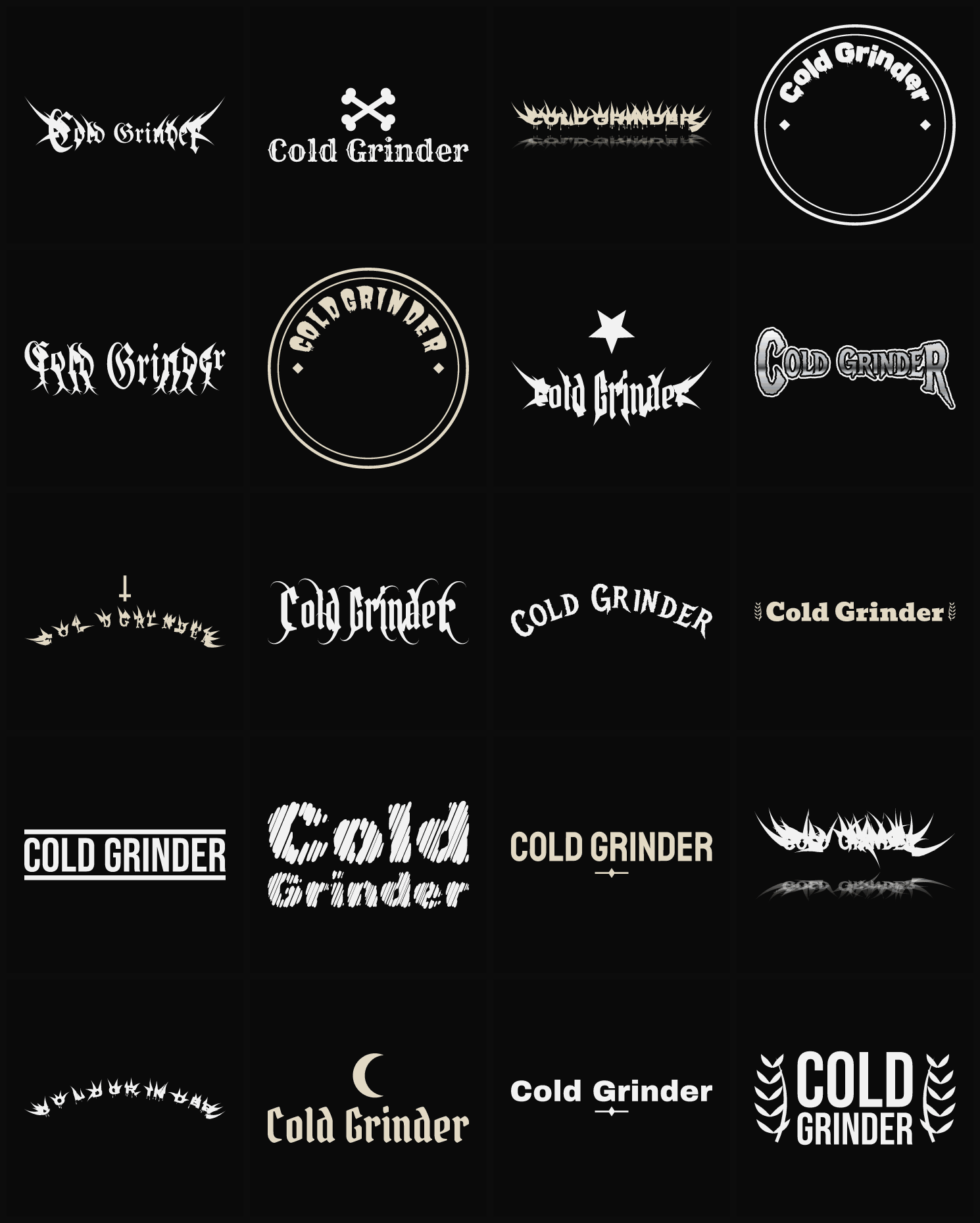 Twenty Cold Grinder band logo ideas — different faces, treatments and spike settings