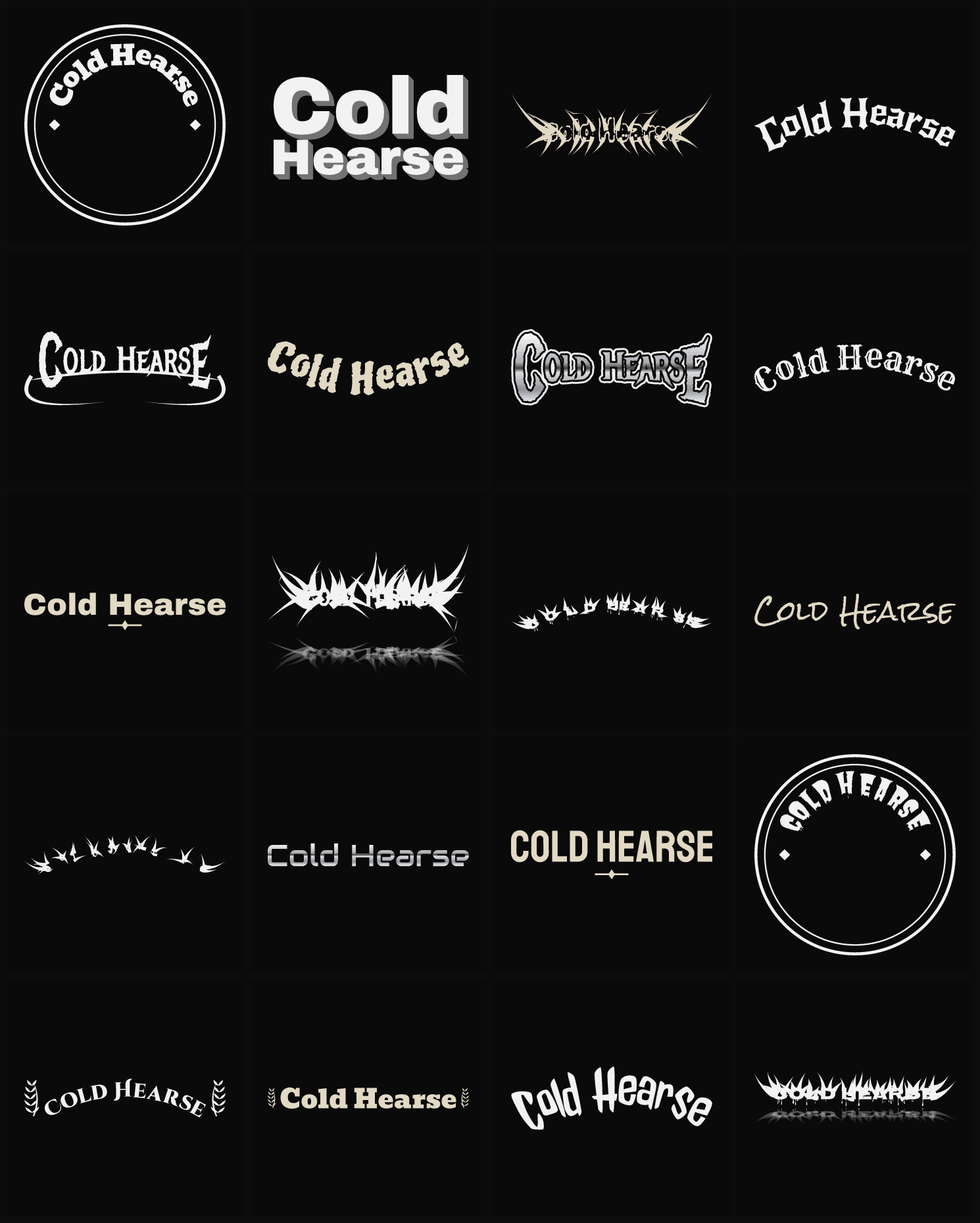 Twenty Cold Hearse band logo ideas — different faces, treatments and spike settings