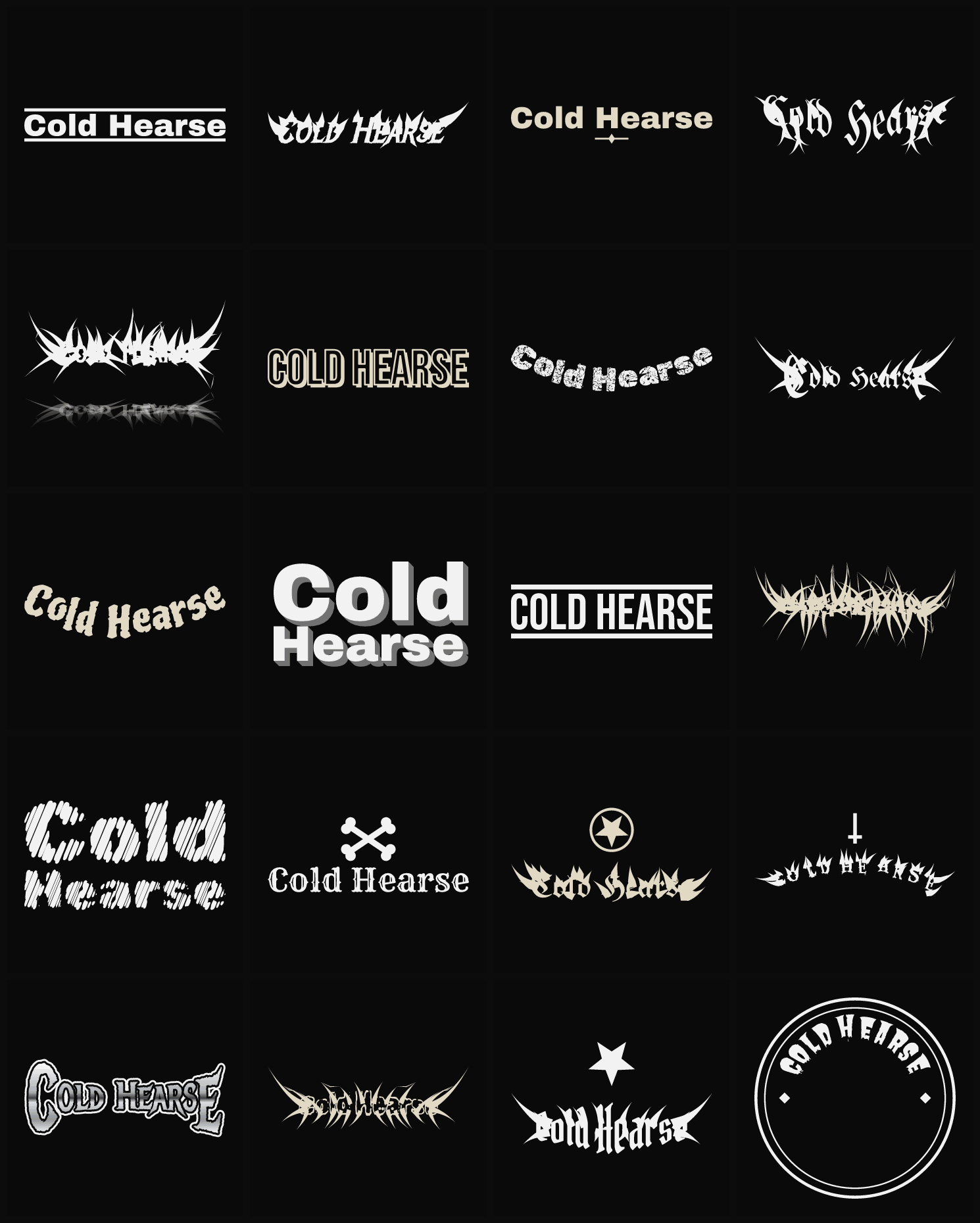 Twenty Cold Hearse band logo ideas — different faces, treatments and spike settings