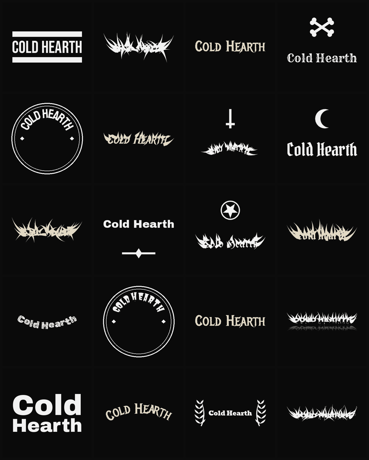 Twenty Cold Hearth band logo ideas — different faces, treatments and spike settings