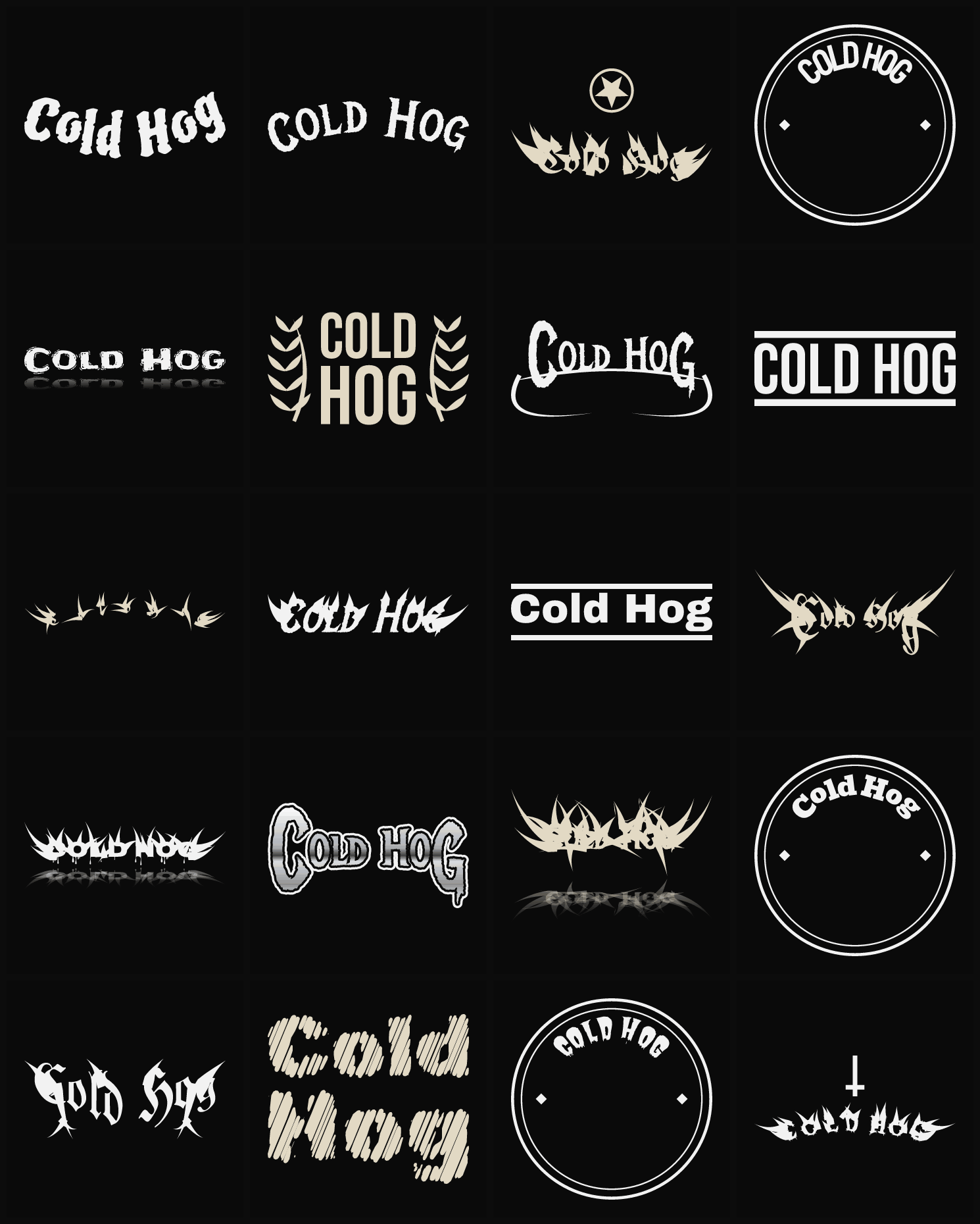 Twenty Cold Hog band logo ideas — different faces, treatments and spike settings