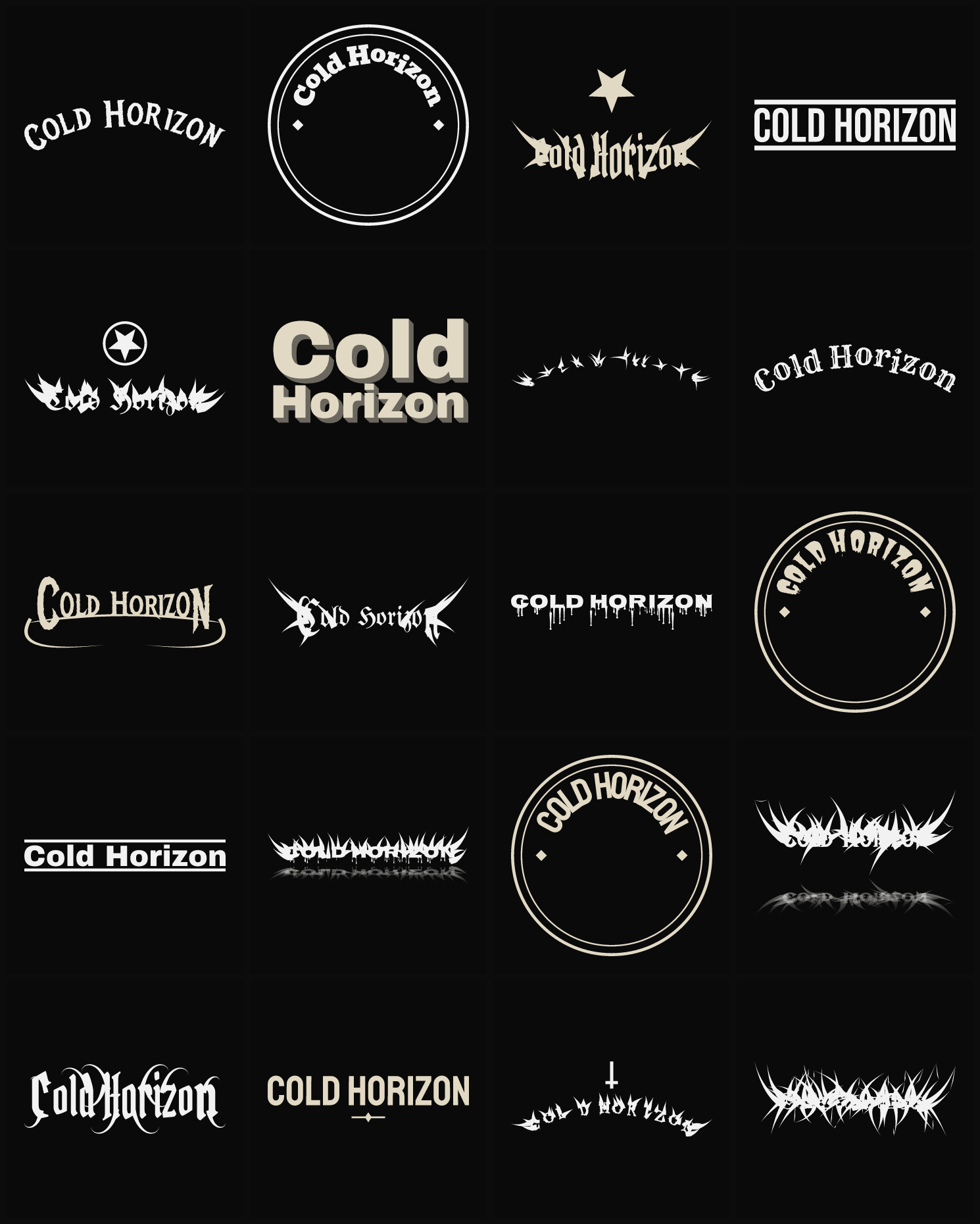 Twenty Cold Horizon band logo ideas — different faces, treatments and spike settings