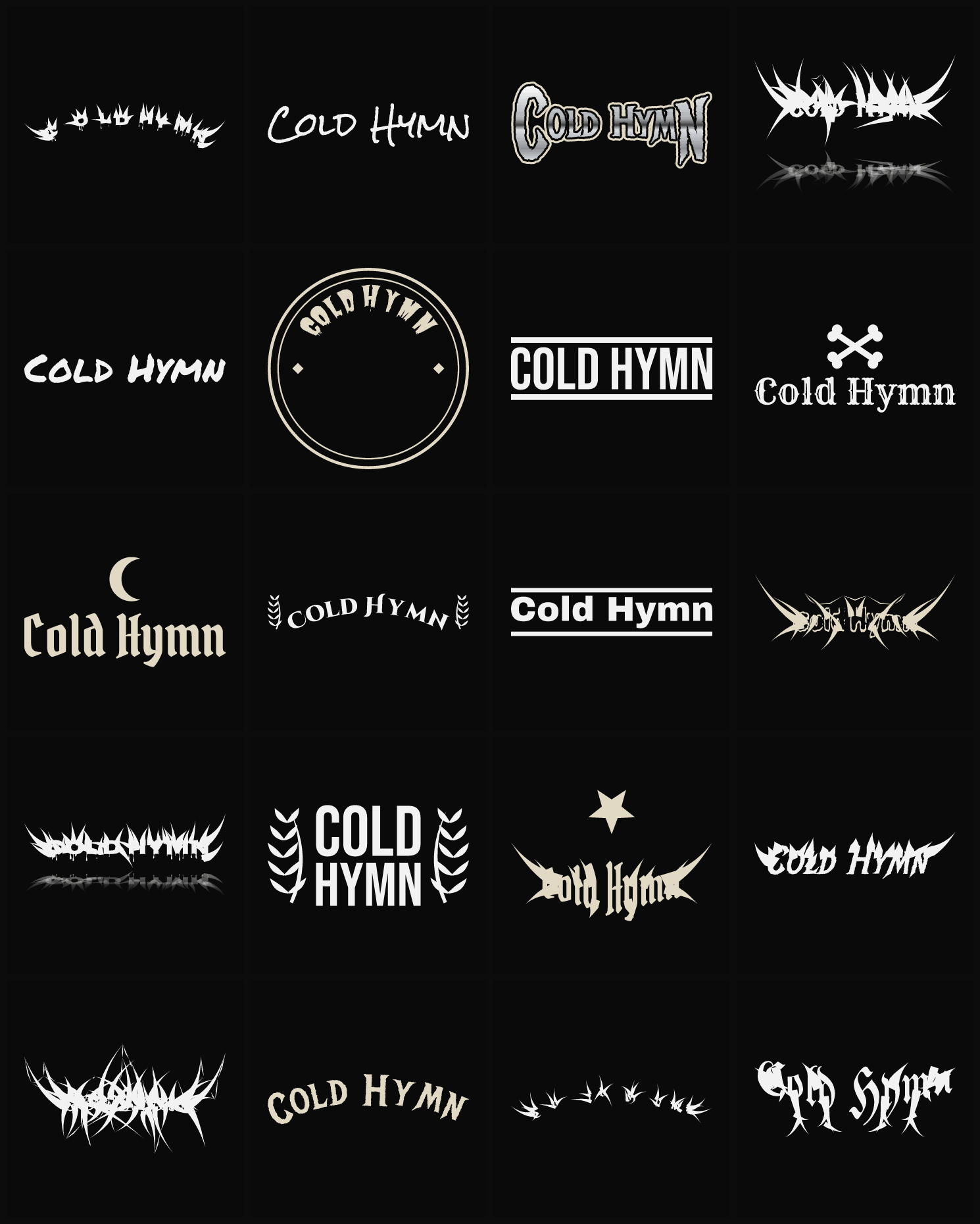 Twenty Cold Hymn band logo ideas — different faces, treatments and spike settings