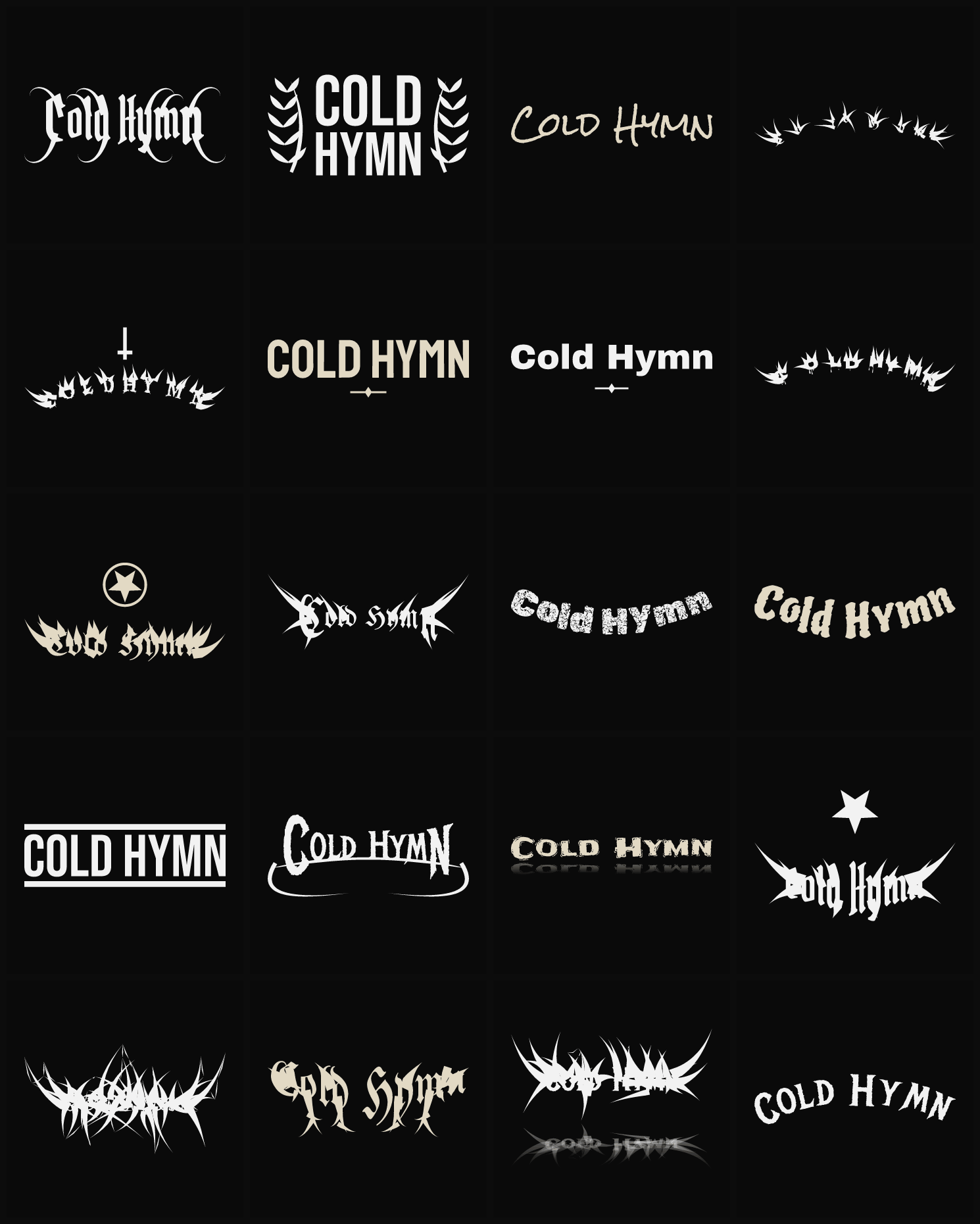 Twenty Cold Hymn band logo ideas — different faces, treatments and spike settings