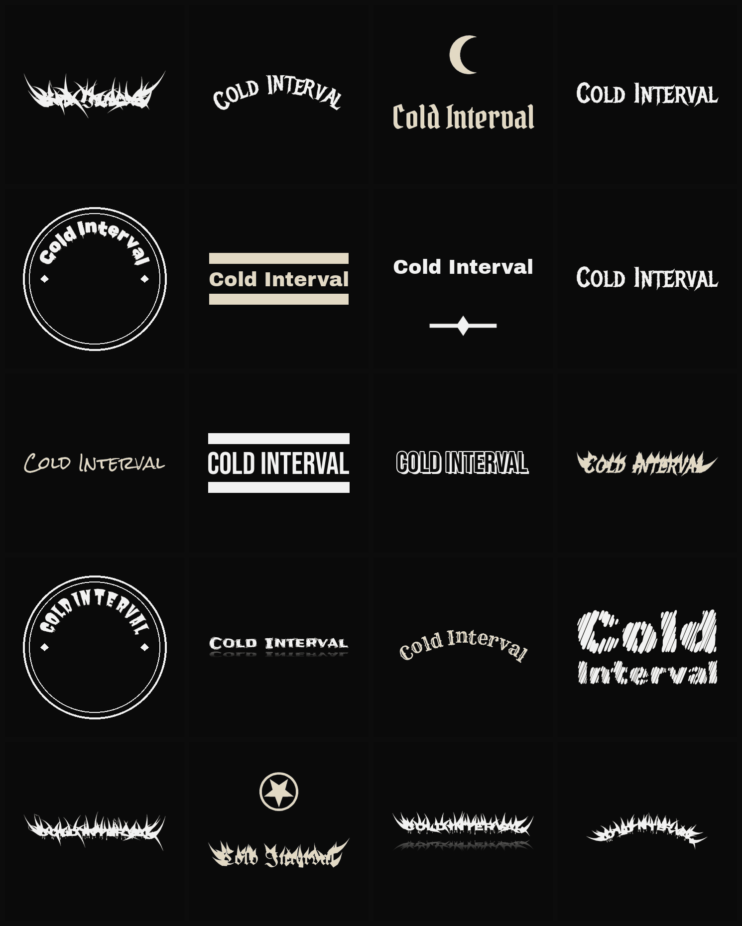 Twenty Cold Interval band logo ideas — different faces, treatments and spike settings