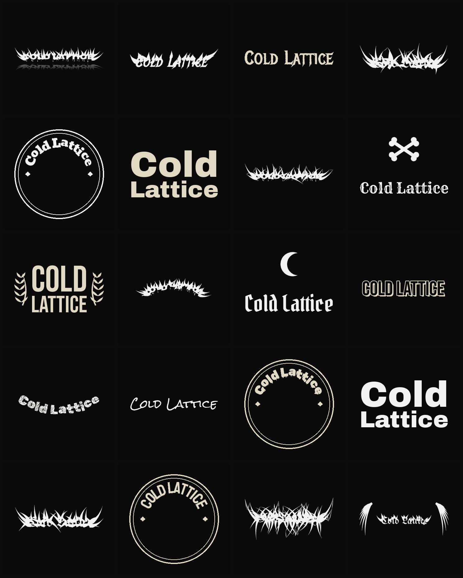 Twenty Cold Lattice band logo ideas — different faces, treatments and spike settings
