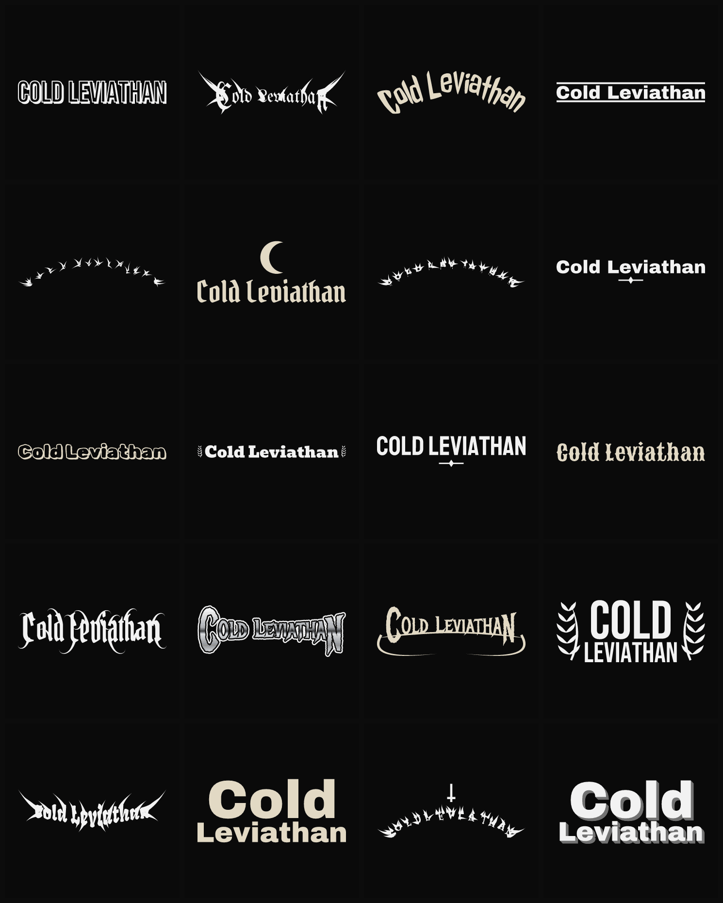 Twenty Cold Leviathan band logo ideas — different faces, treatments and spike settings