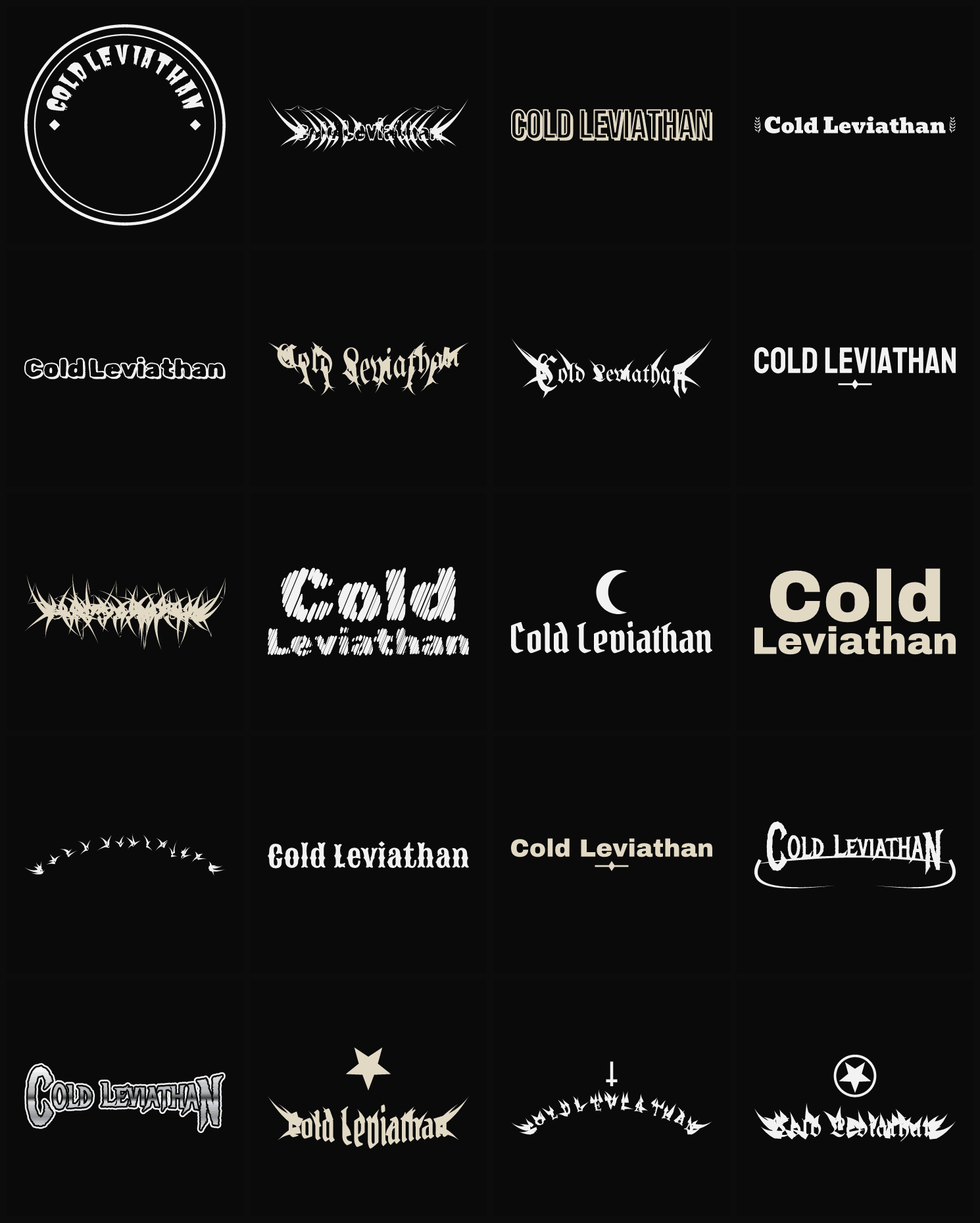 Twenty Cold Leviathan band logo ideas — different faces, treatments and spike settings
