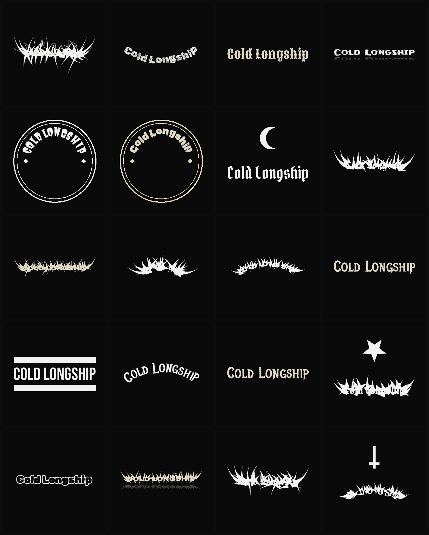 Twenty Cold Longship band logo ideas — different faces, treatments and spike settings