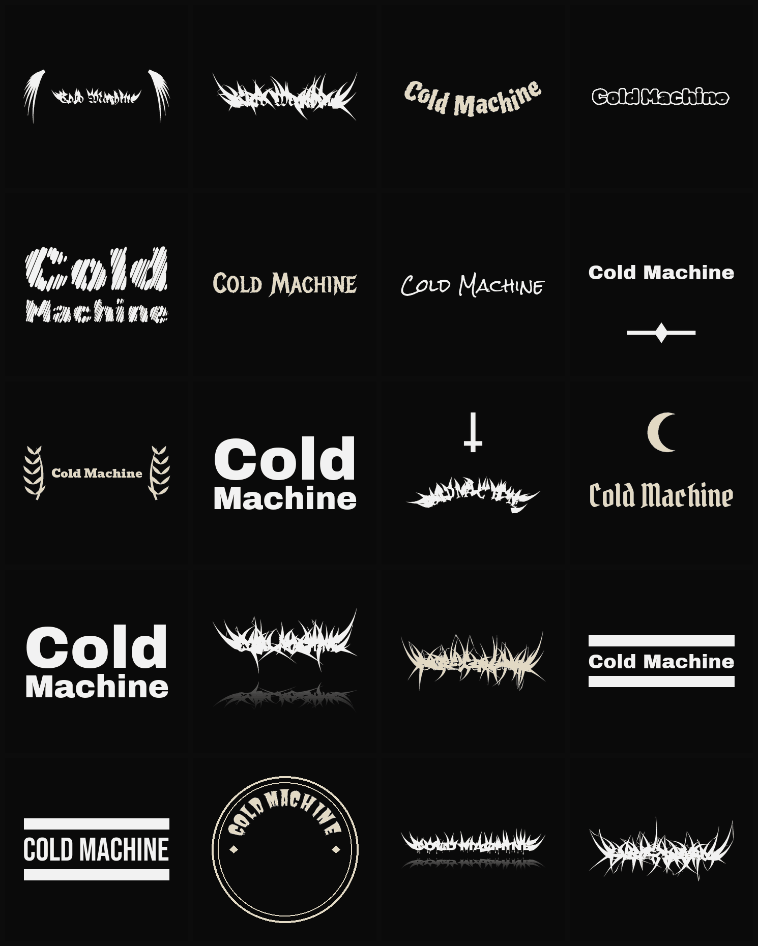 Twenty Cold Machine band logo ideas — different faces, treatments and spike settings