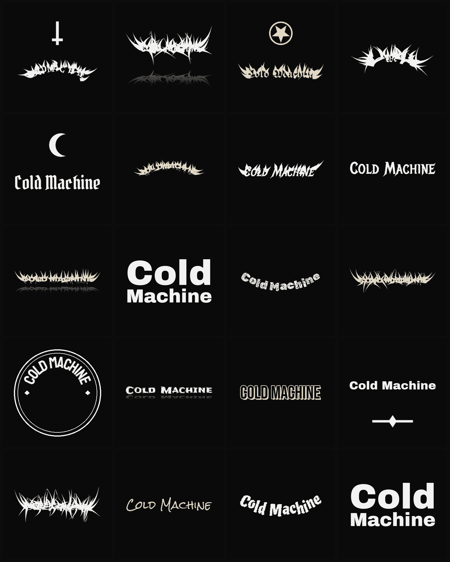 Twenty Cold Machine band logo ideas — different faces, treatments and spike settings