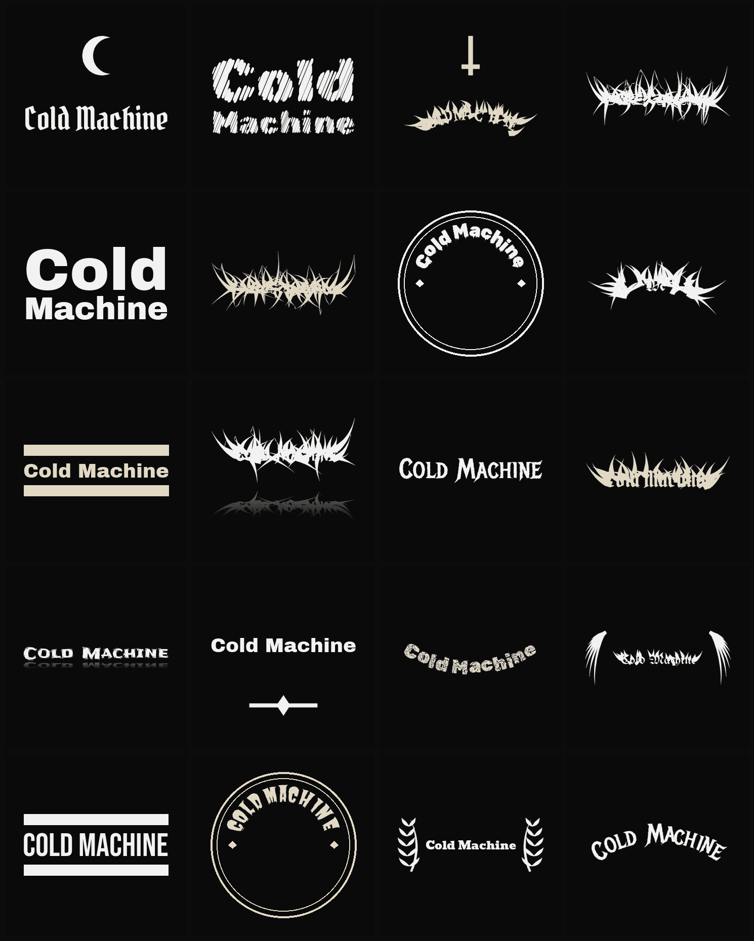 Twenty Cold Machine band logo ideas — different faces, treatments and spike settings