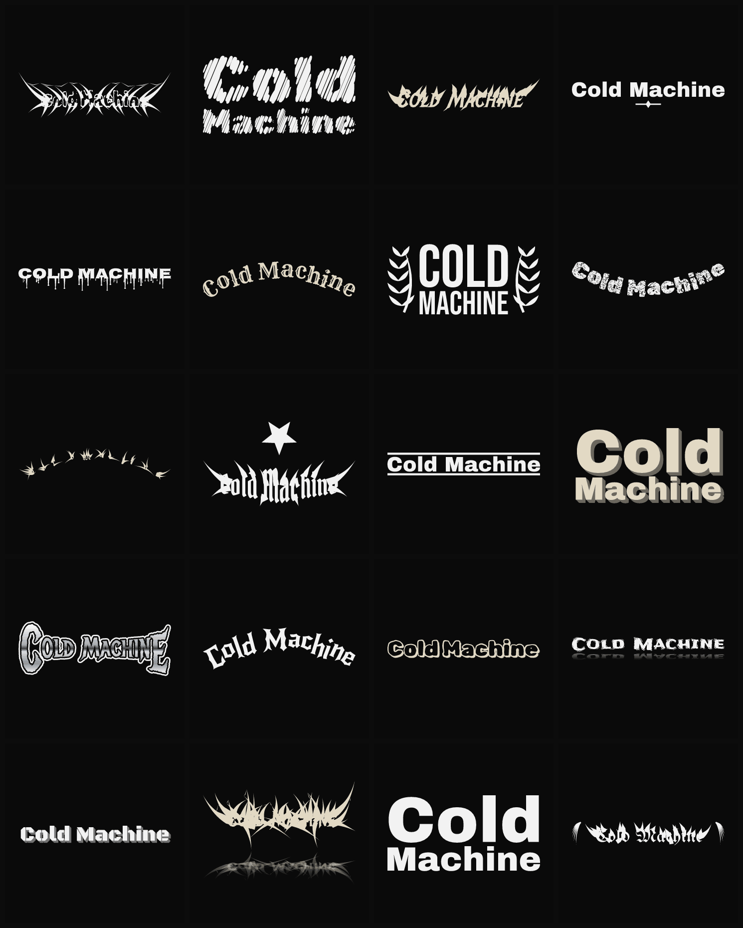 Twenty Cold Machine band logo ideas — different faces, treatments and spike settings