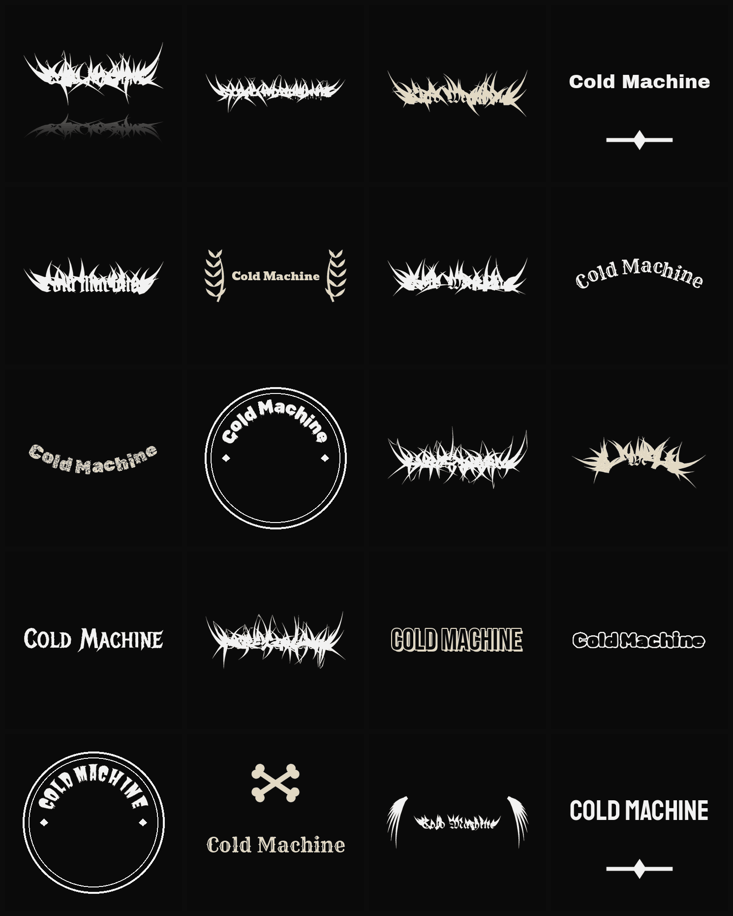 Twenty Cold Machine band logo ideas — different faces, treatments and spike settings