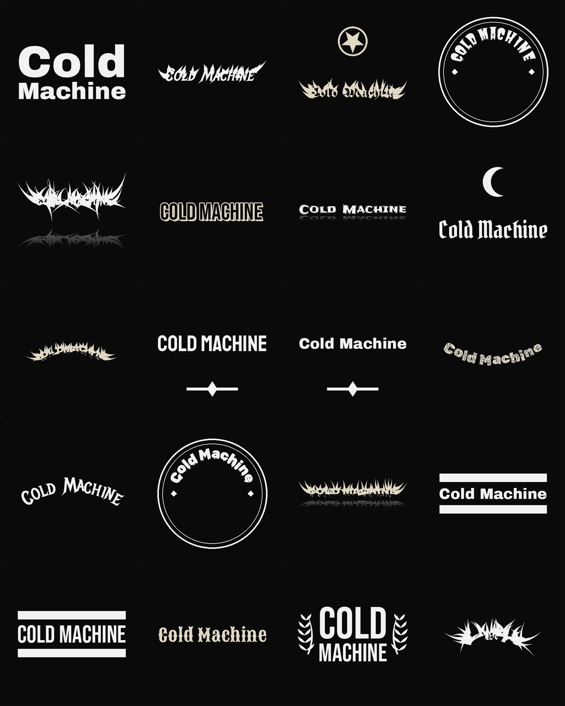 Twenty Cold Machine band logo ideas — different faces, treatments and spike settings