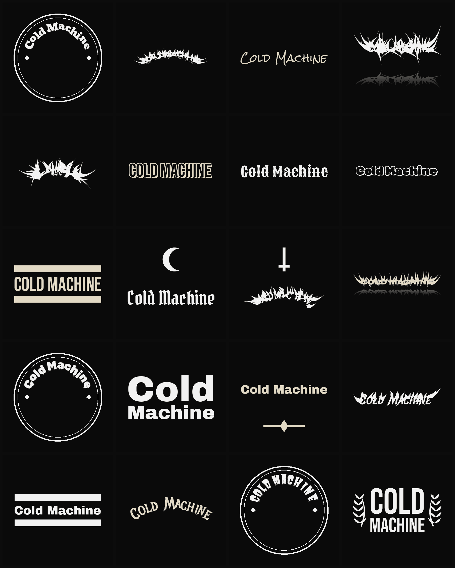 Twenty Cold Machine band logo ideas — different faces, treatments and spike settings