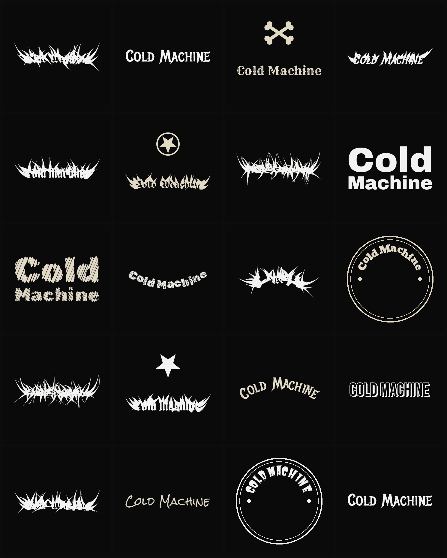 Twenty Cold Machine band logo ideas — different faces, treatments and spike settings