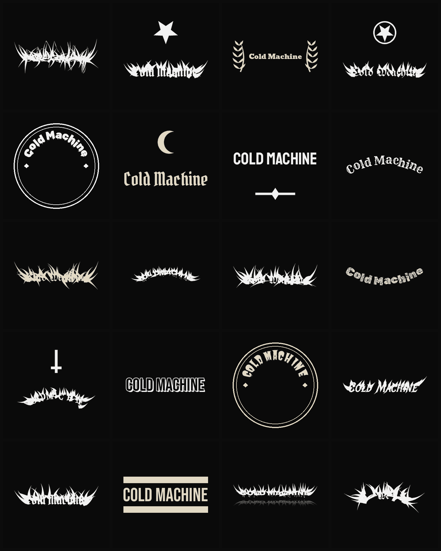 Twenty Cold Machine band logo ideas — different faces, treatments and spike settings