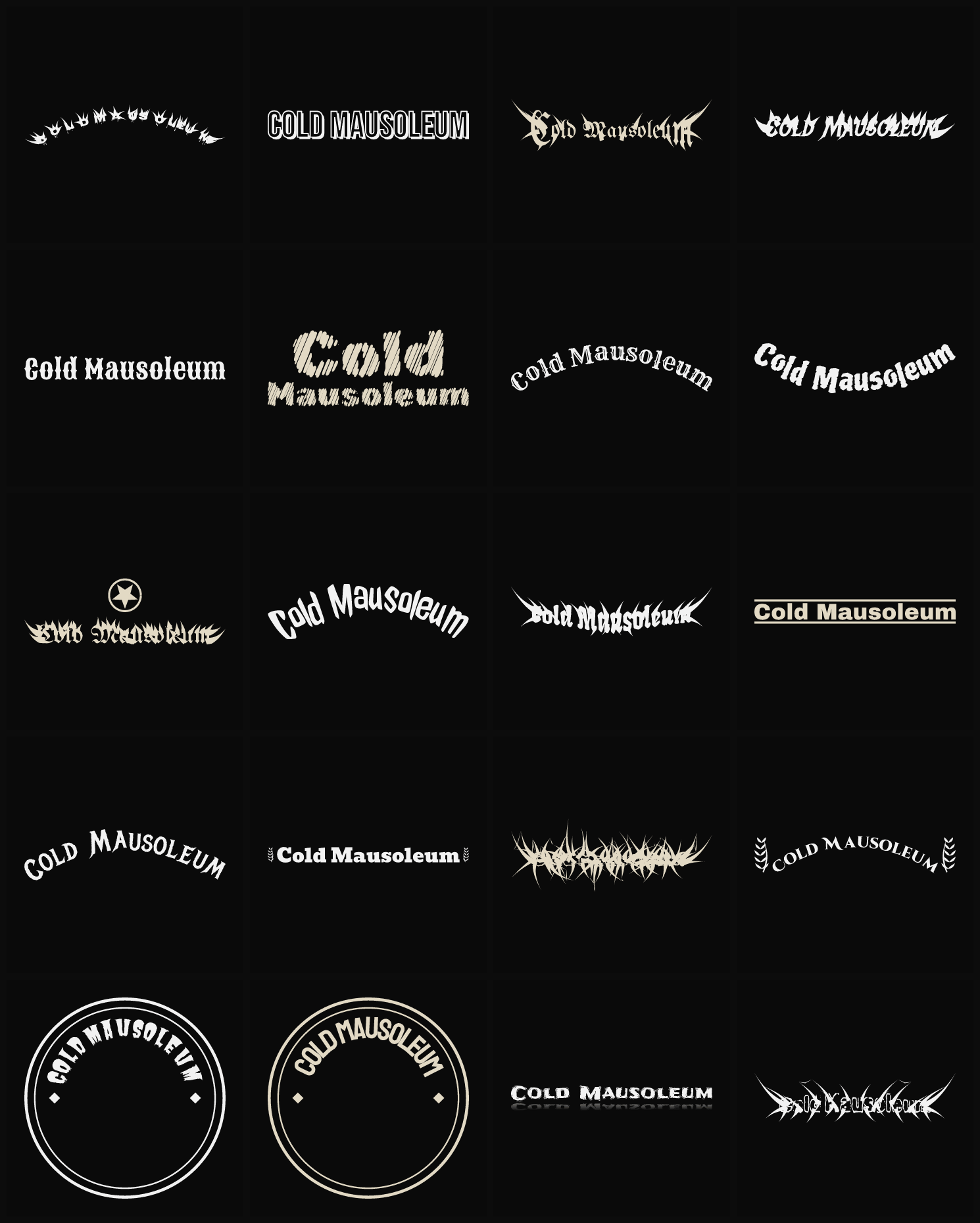 Twenty Cold Mausoleum band logo ideas — different faces, treatments and spike settings