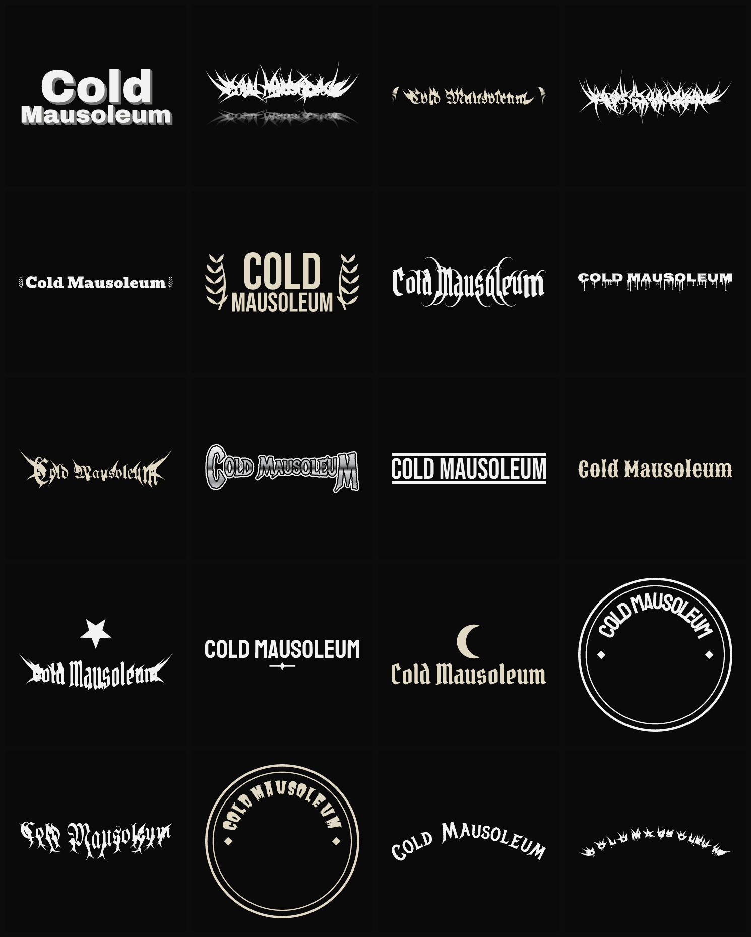 Twenty Cold Mausoleum band logo ideas — different faces, treatments and spike settings