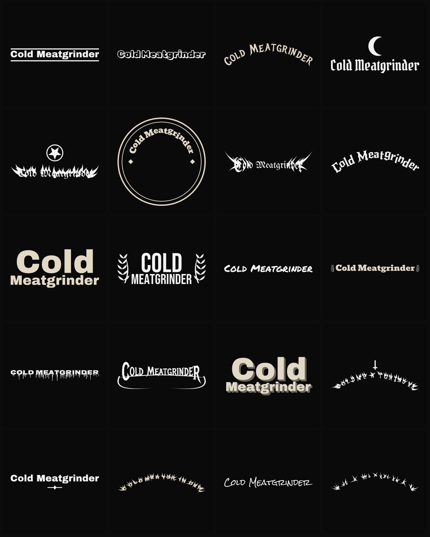 Twenty Cold Meatgrinder band logo ideas — different faces, treatments and spike settings