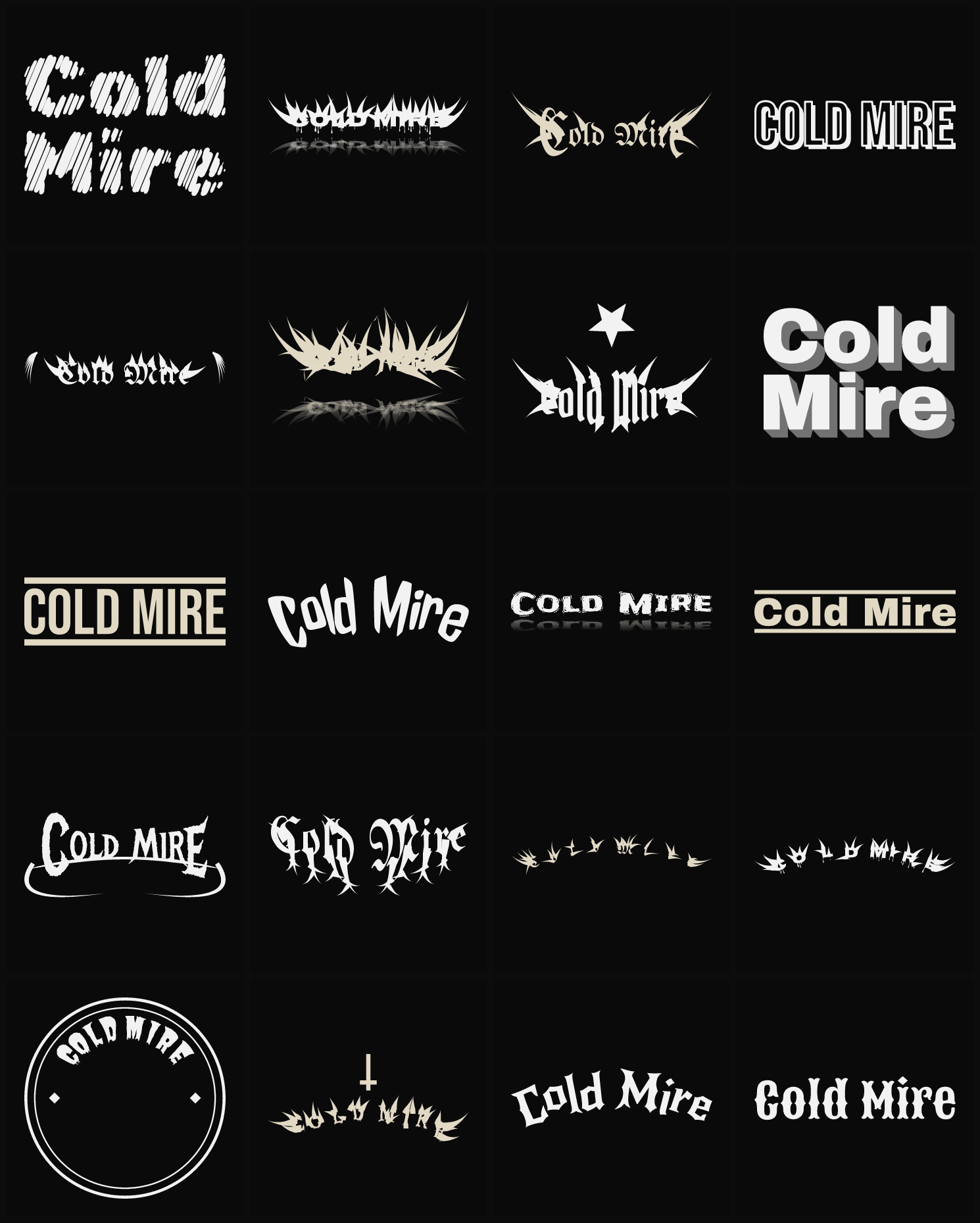 Twenty Cold Mire band logo ideas — different faces, treatments and spike settings