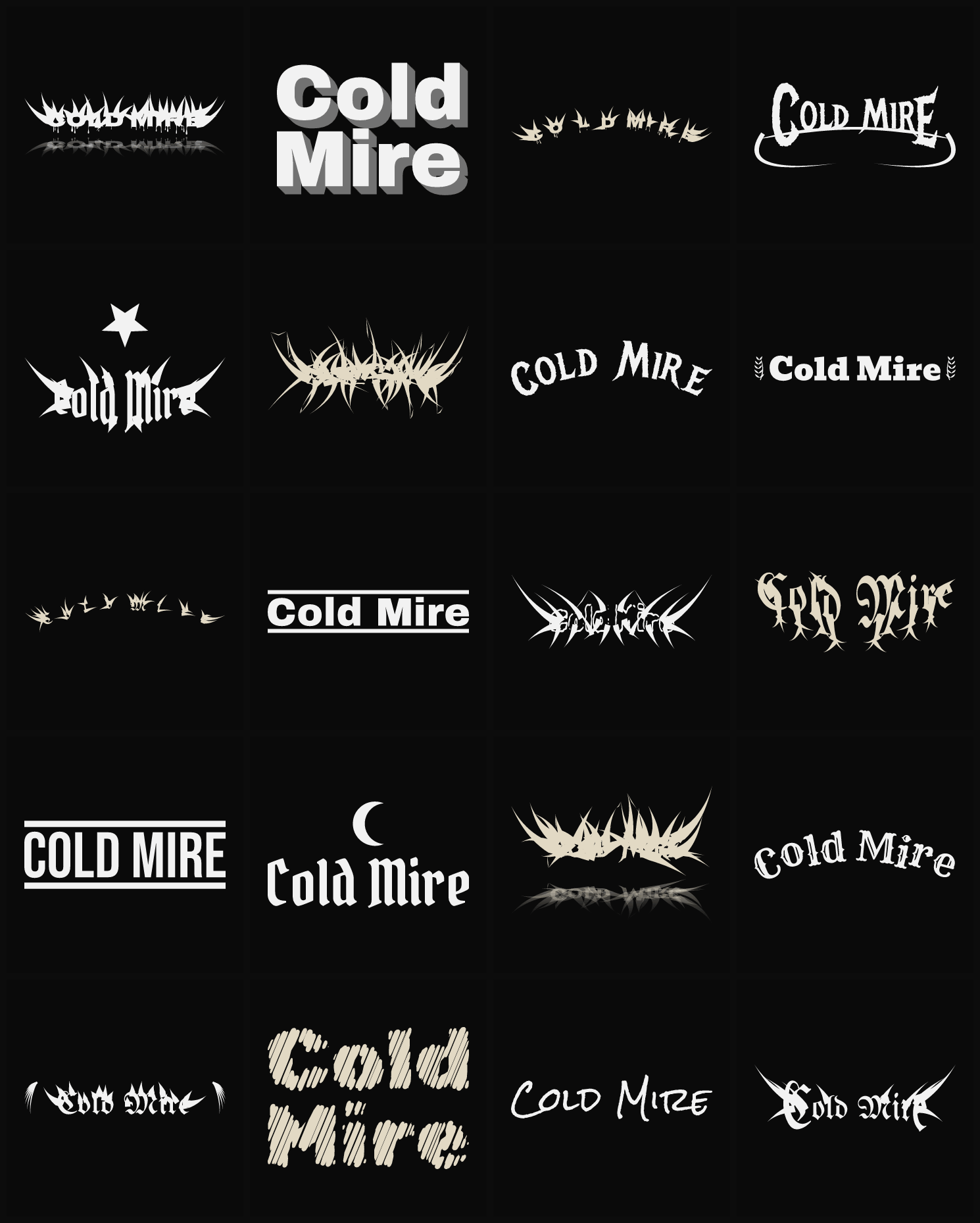Twenty Cold Mire band logo ideas — different faces, treatments and spike settings