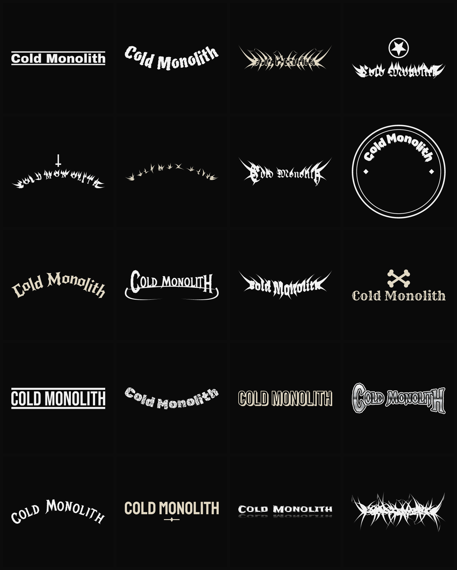 Twenty Cold Monolith band logo ideas — different faces, treatments and spike settings