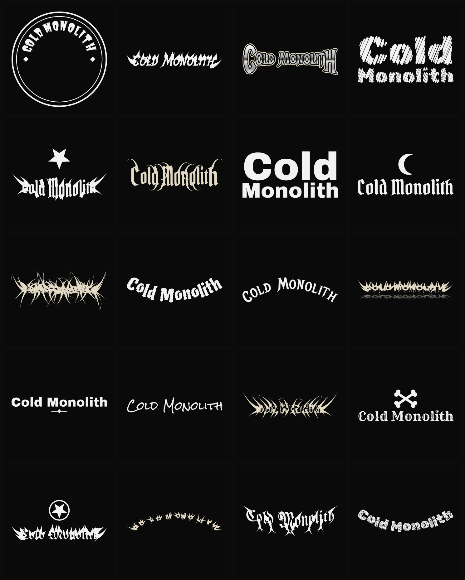 Twenty Cold Monolith band logo ideas — different faces, treatments and spike settings