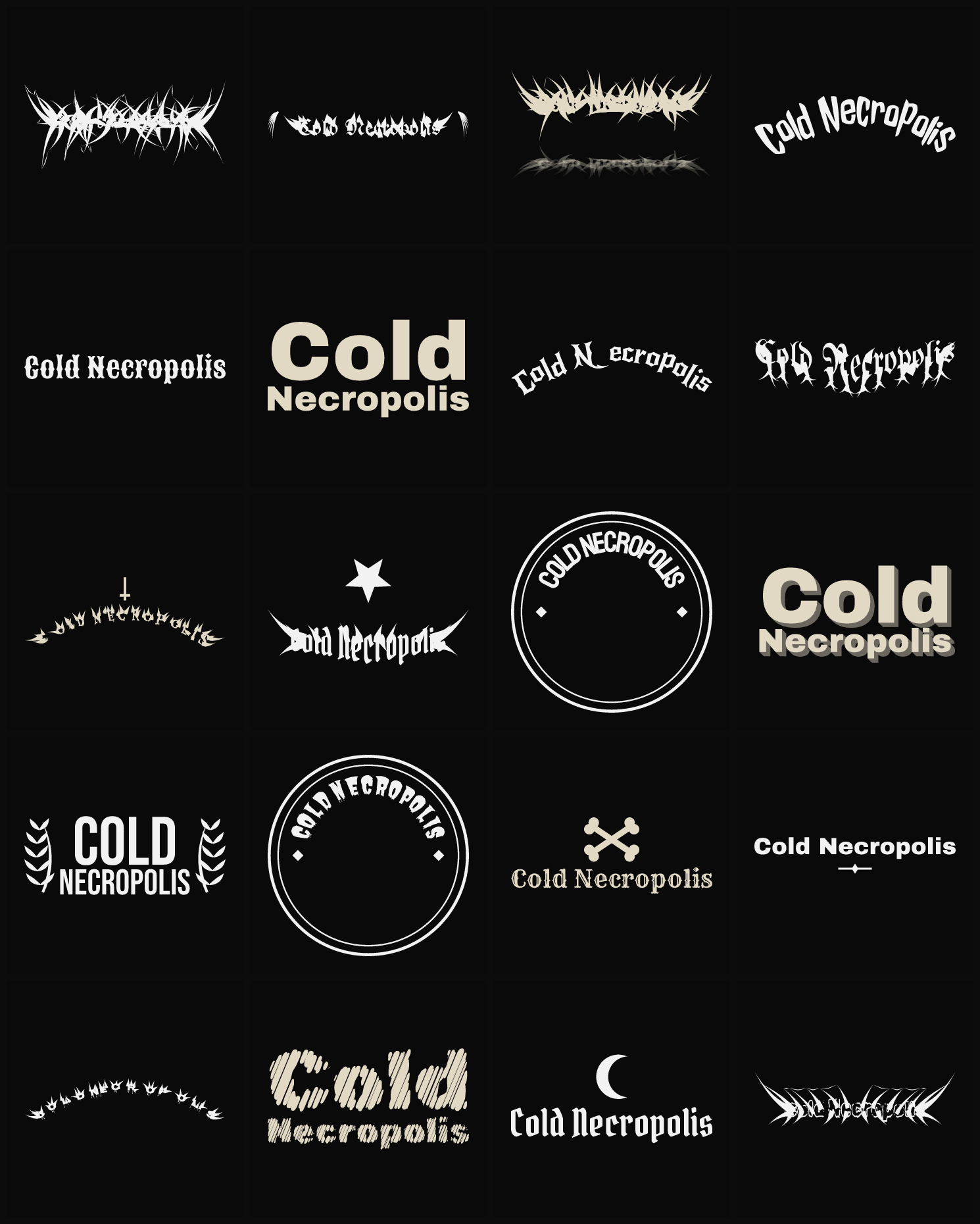 Twenty Cold Necropolis band logo ideas — different faces, treatments and spike settings